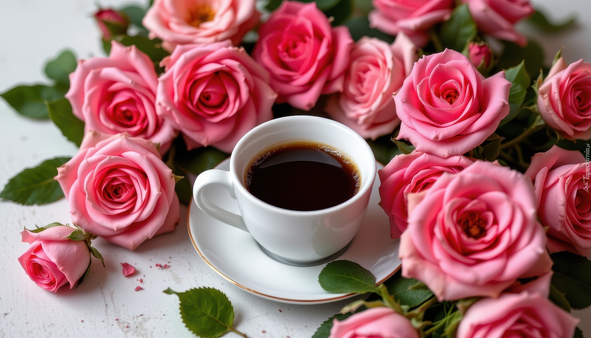 Filiżanka, Kawa, Talerzyk, Kwiaty, Różowe, Róże