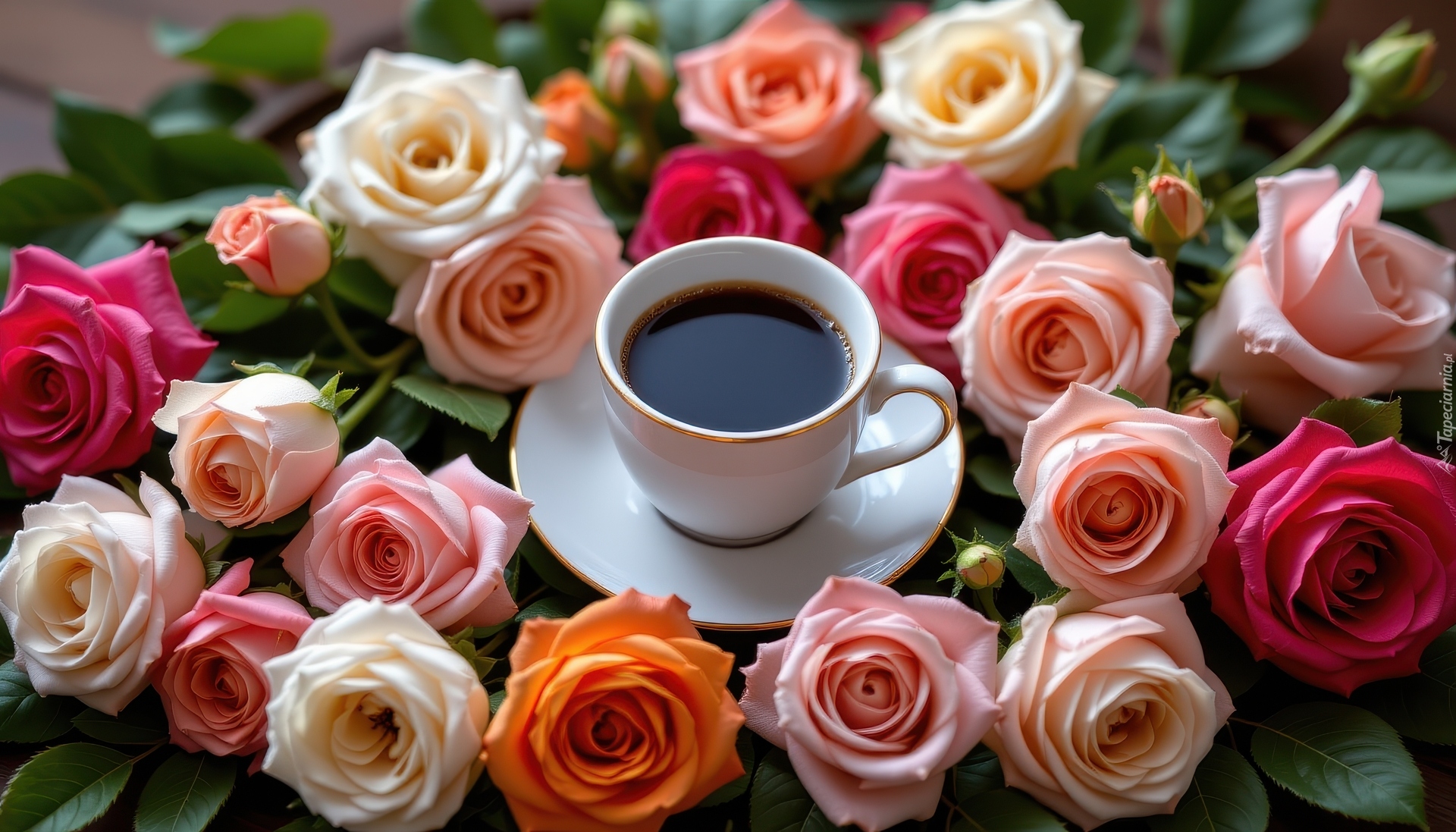 Biała, Filiżanka, Kawa, Talerzyk, Kolorowe, Róże