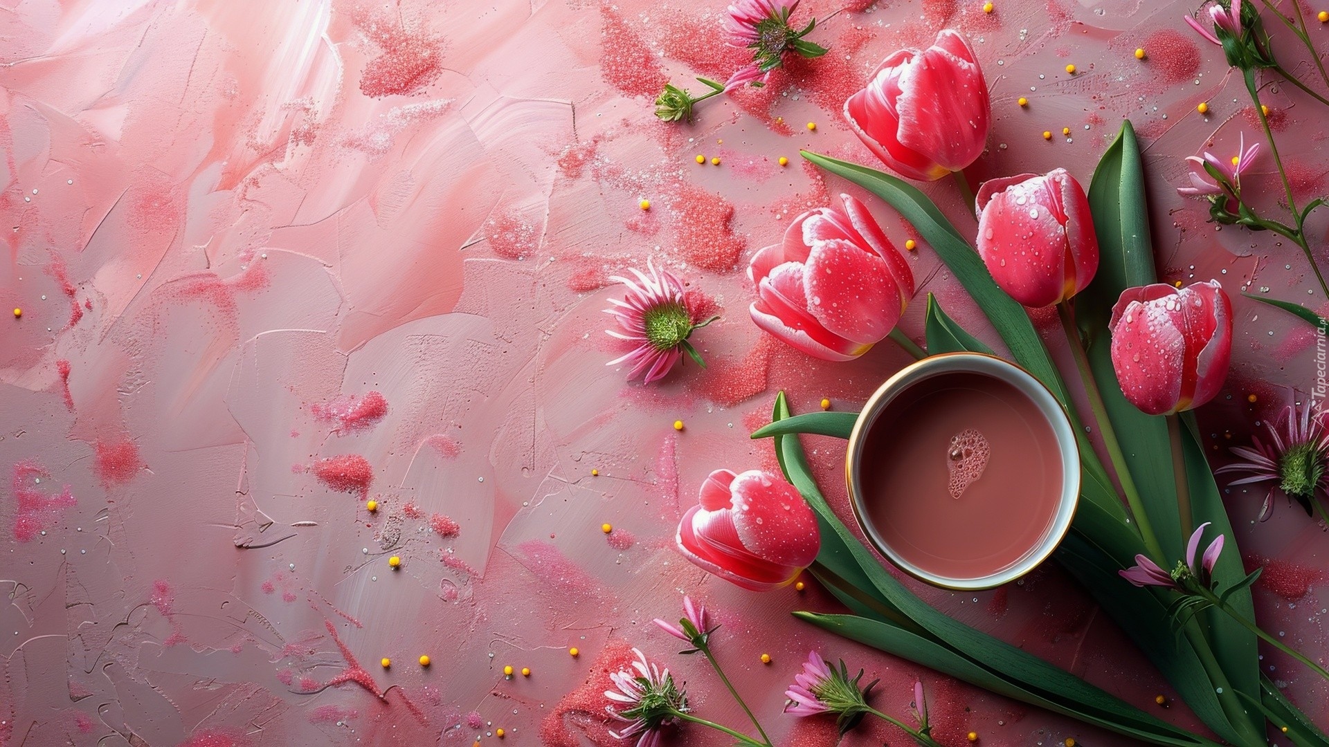 Czerwone, Tulipany, Filiżanka, Różowe, Tło