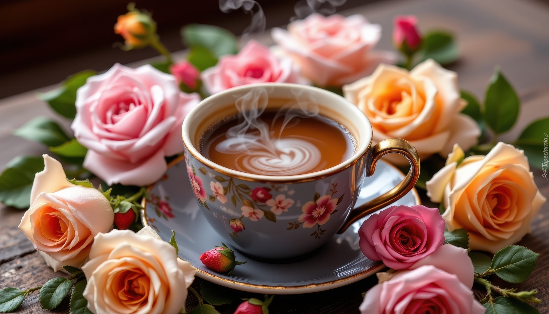 Filiżanka, Kawa, Kwiaty, Róże