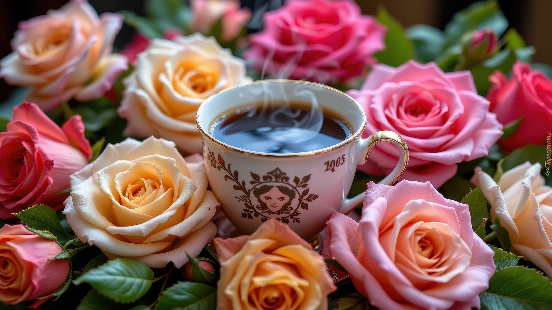 Kolorowe, Róże, Filiżanka, Para, Kawa