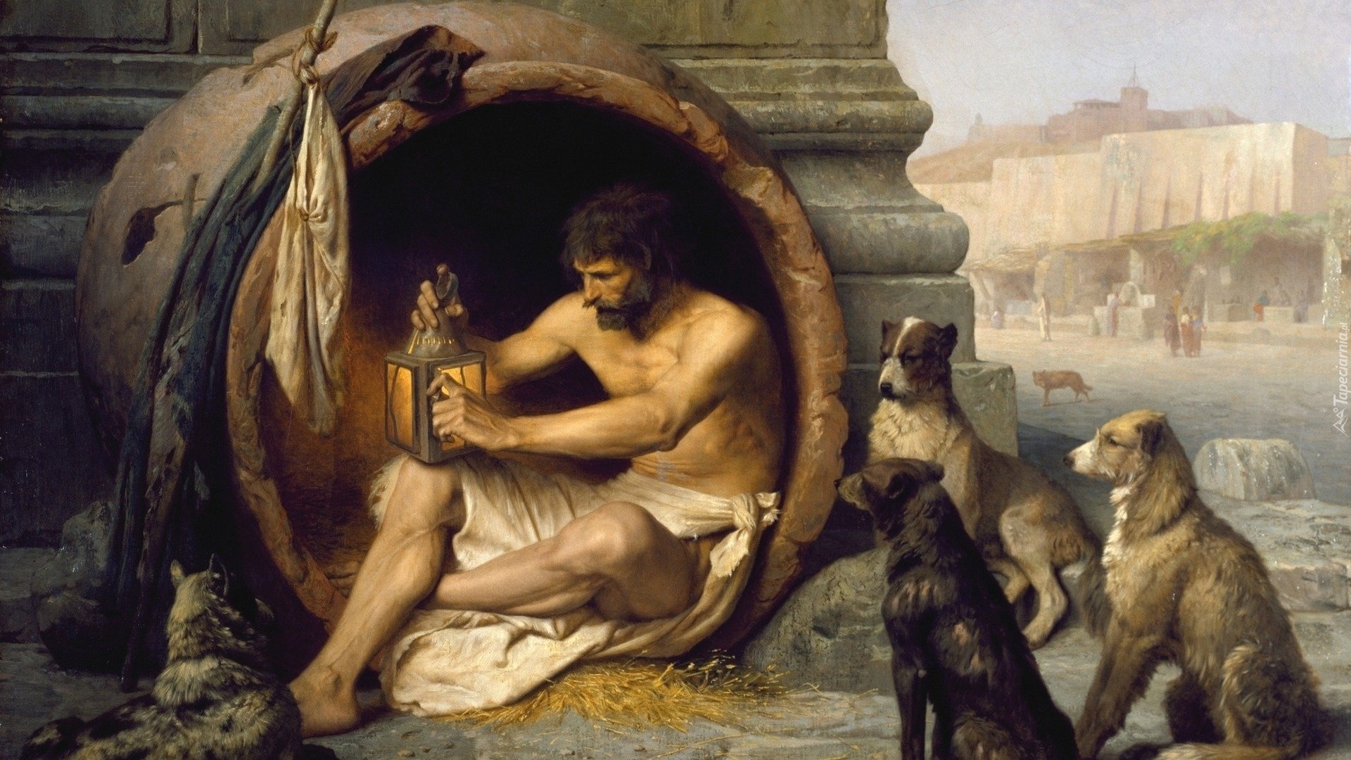 Malarstwo, Obraz, Jean Leon Gerome, Diogenes, Mężczyzna, Psy