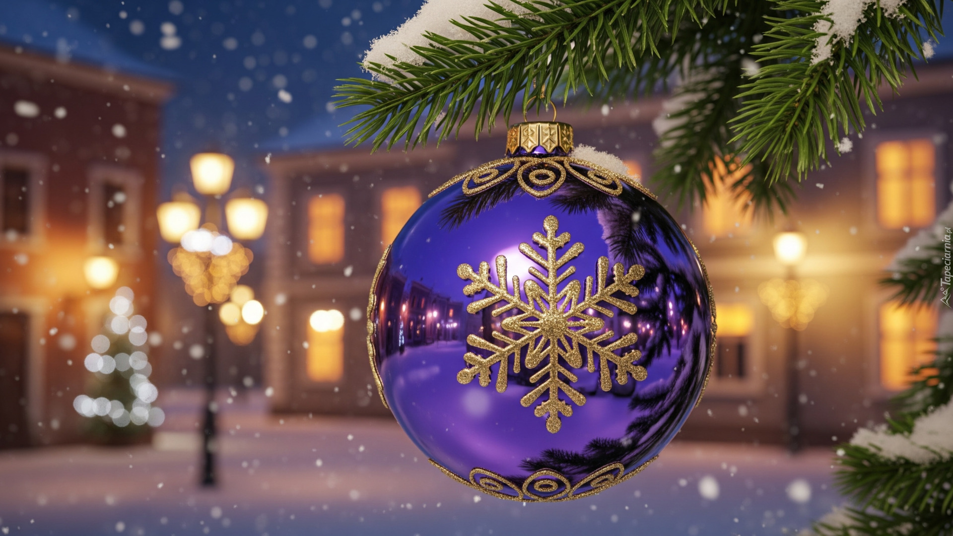 Fioletowa, Bombka, Gałązka, Ośnieżona, Boże Narodzenie