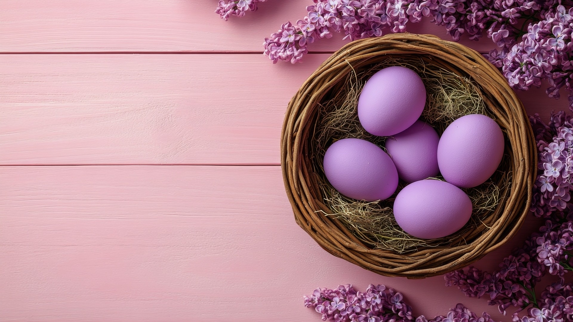 Wielkanoc, Fioletowe, Jajka, Wiklinowy, Koszyk, Siano, Fioletowe, Gałązki, Bzu, Różowe, Tło