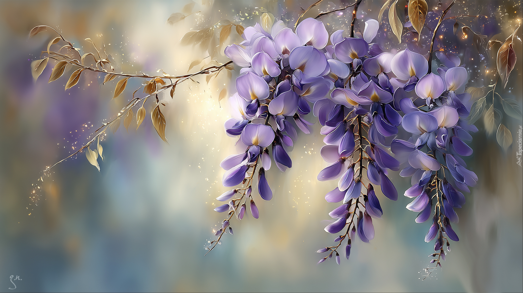 Glicynia, Fioletowe, Kwiaty, Grafika AI