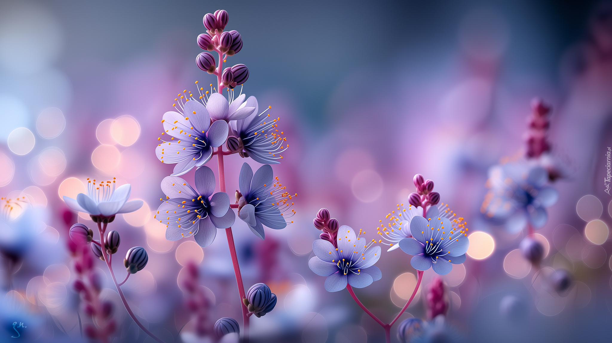 Fioletowe, Kwiaty, Rozmyte, Tło, Grafika AI