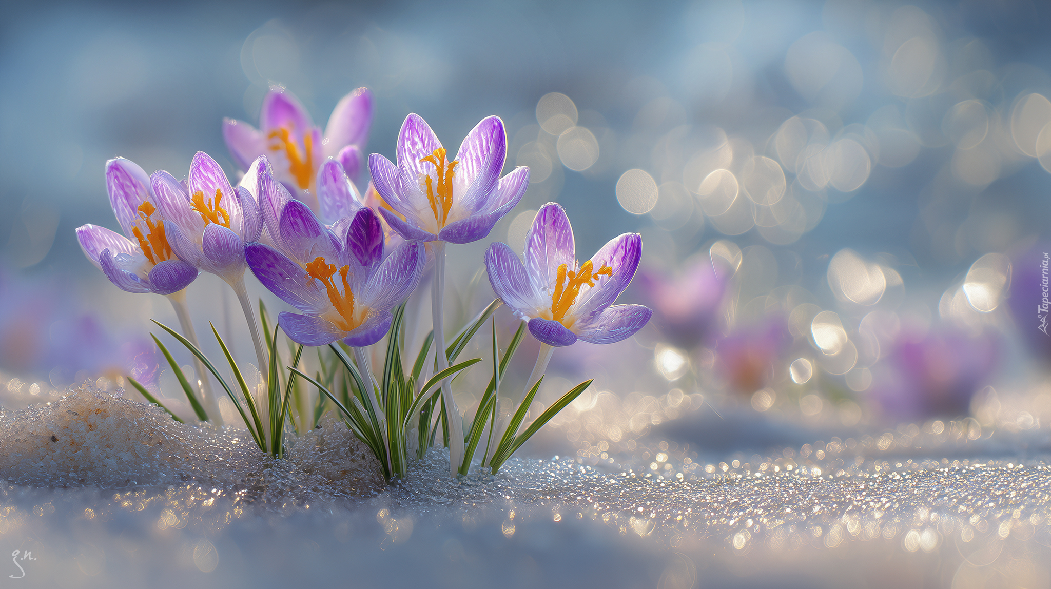 Kwiaty, Kępka, Fioletowe, Krokusy, Śnieg, Grafika AI