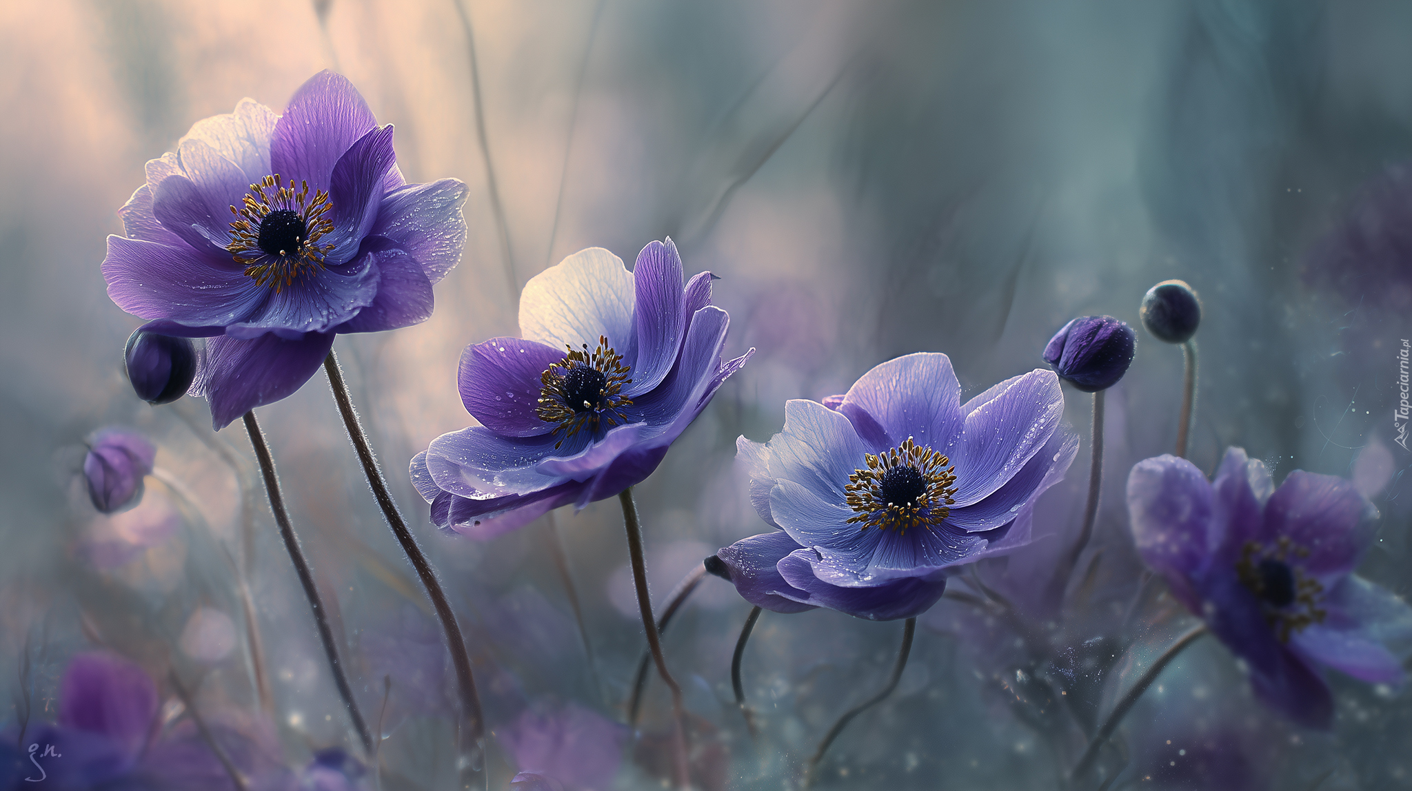 Anemony, Zawilce, Fioletowe, Kwiaty, Grafika AI