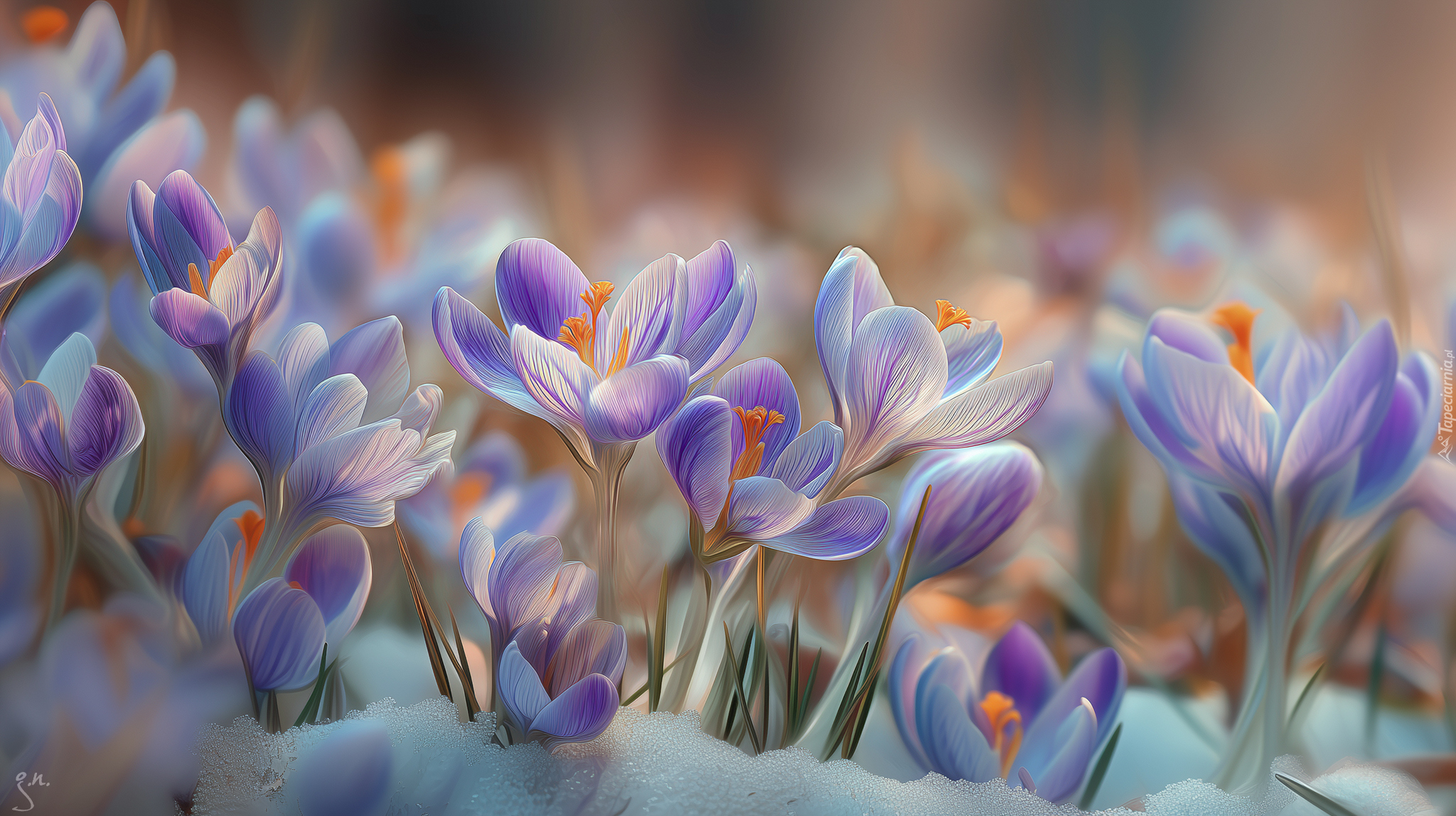 Fioletowo-białe, Krokusy, Kwiaty, Śnieg, Grafika AI