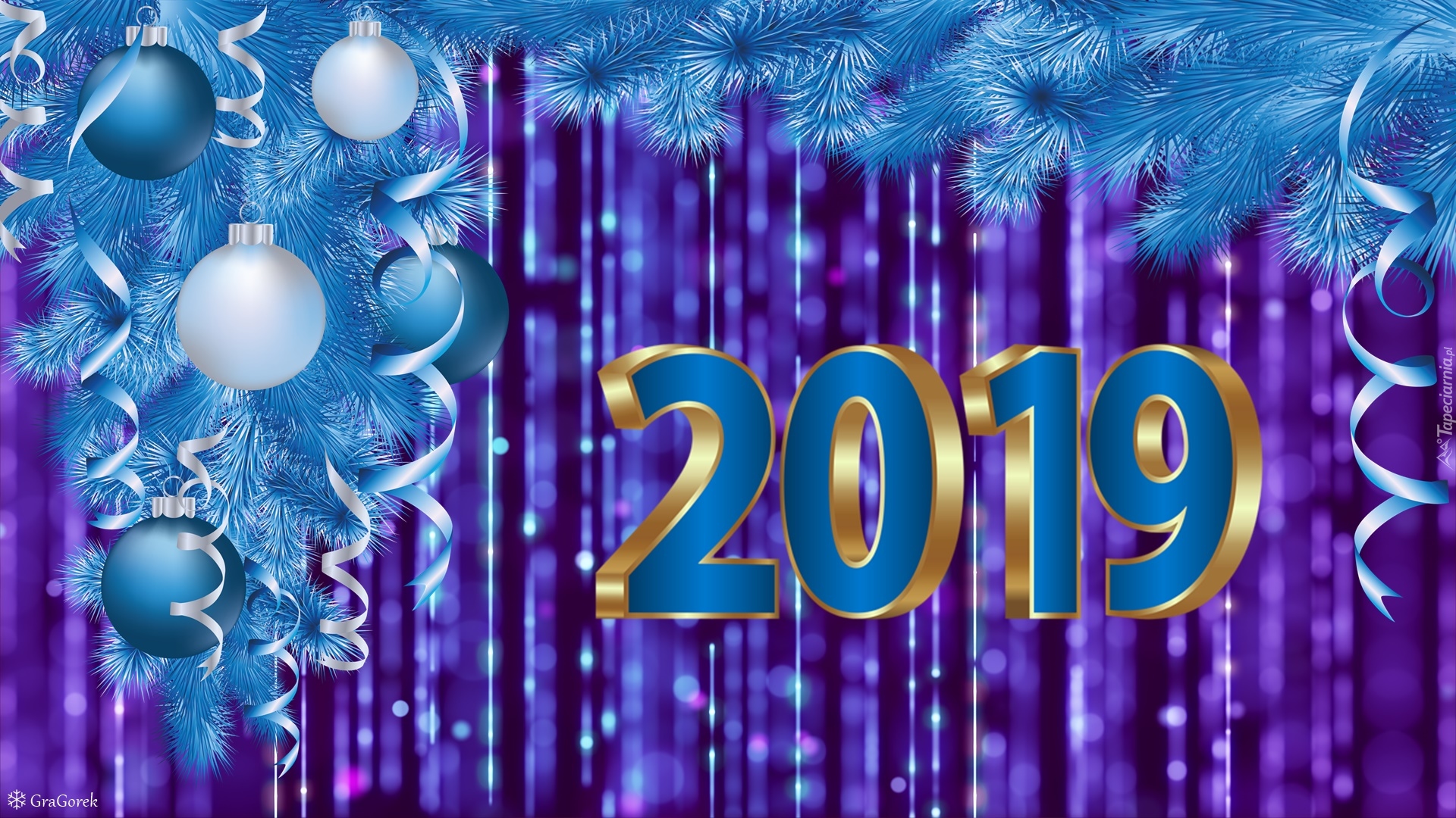 Nowy Rok, 2019, Bombki, Świerk, Serpentyna, Grafika