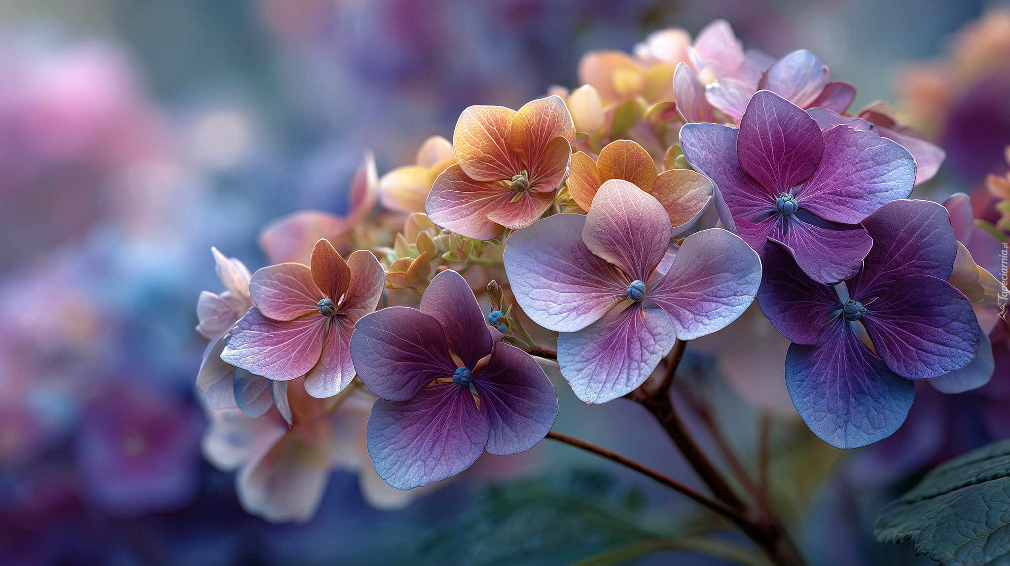 Fioletowo-pomarańczowa, Hortensja, Kwiat, Grafika AI