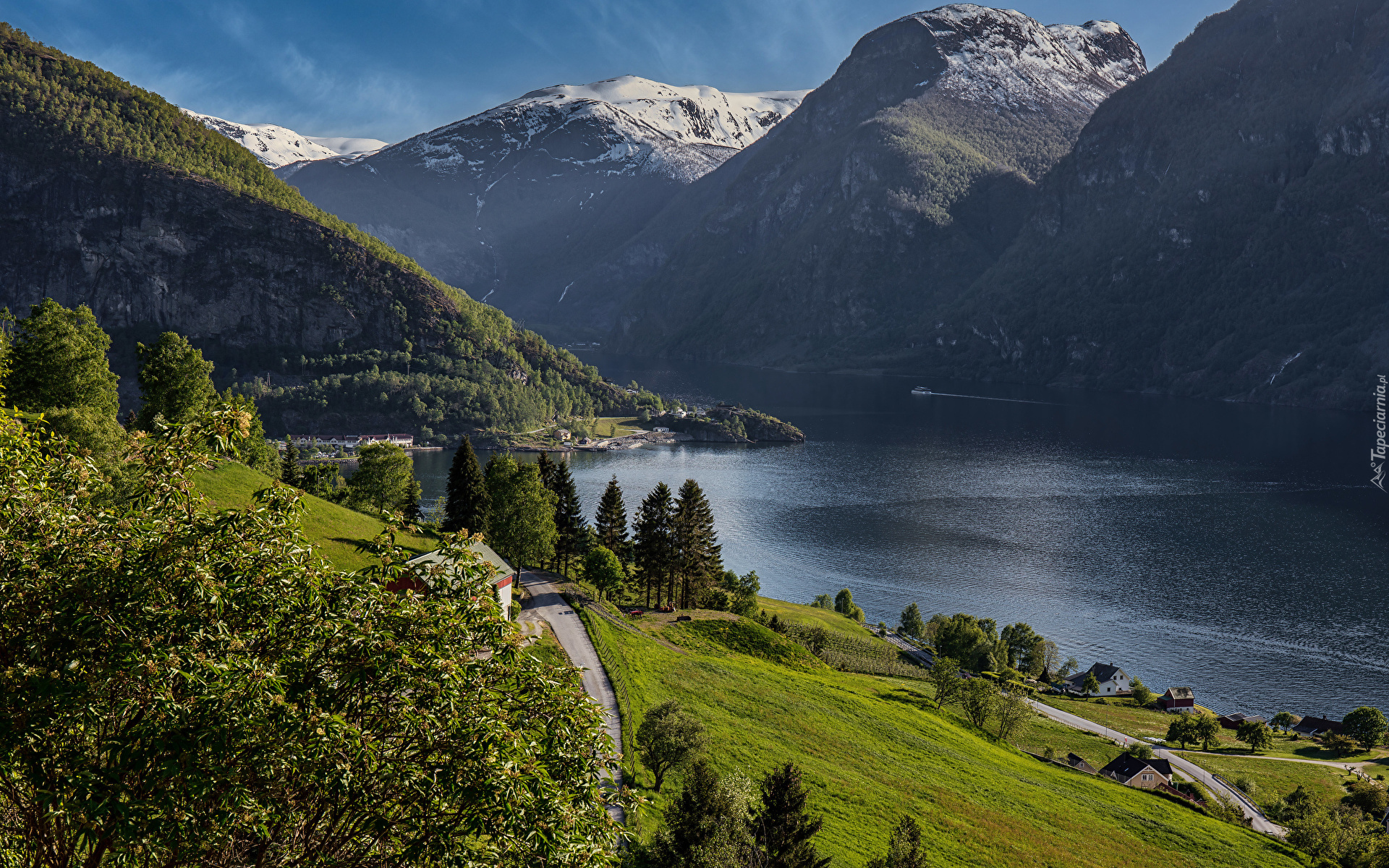 Norwegia, Góry, Gmina Aurland, Fiord, Aurlandsfjord, Domy, Drogi