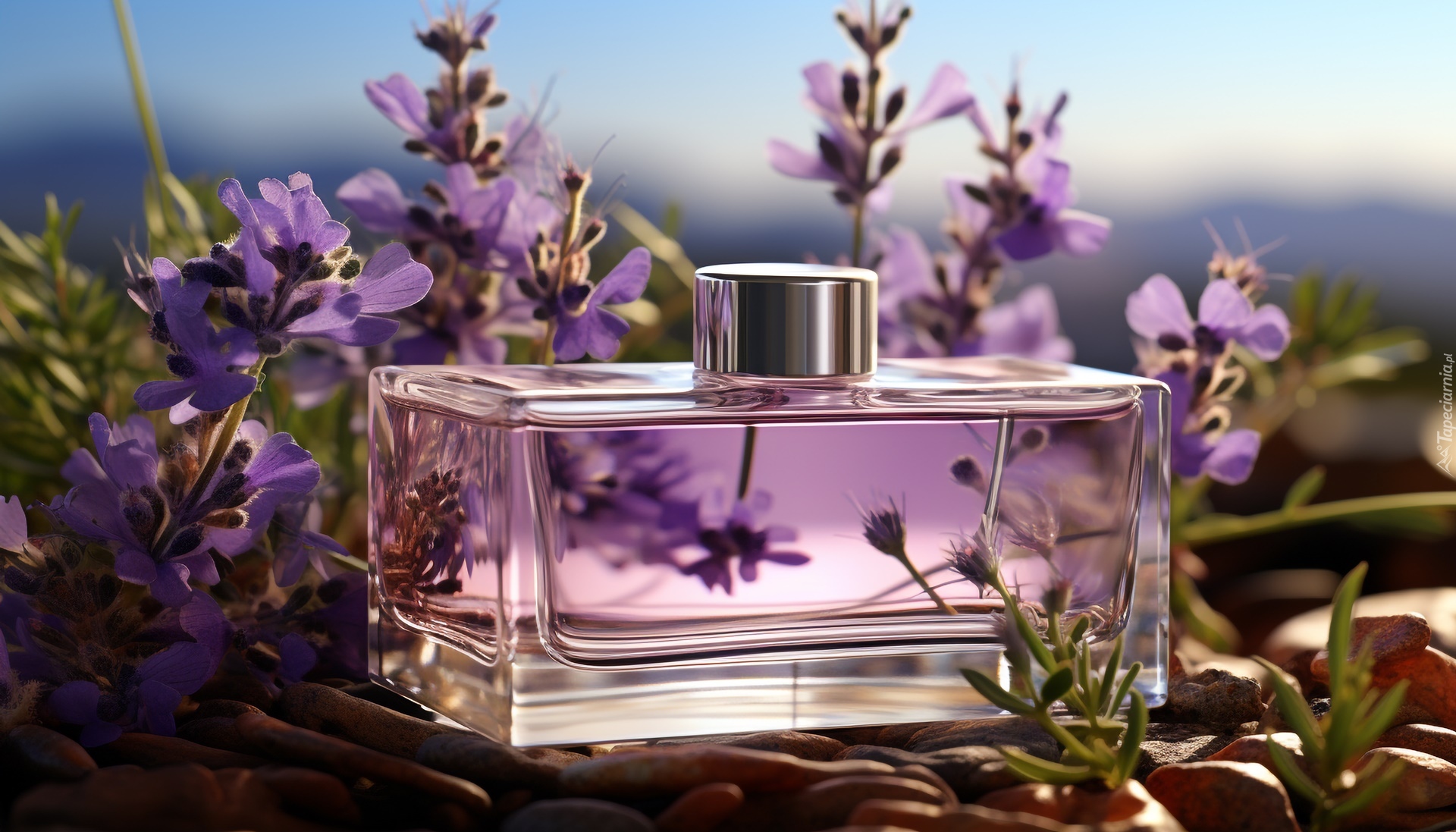 Flakon, Perfumy, Lawenda, Kwiaty, Grafika, Kompozycja