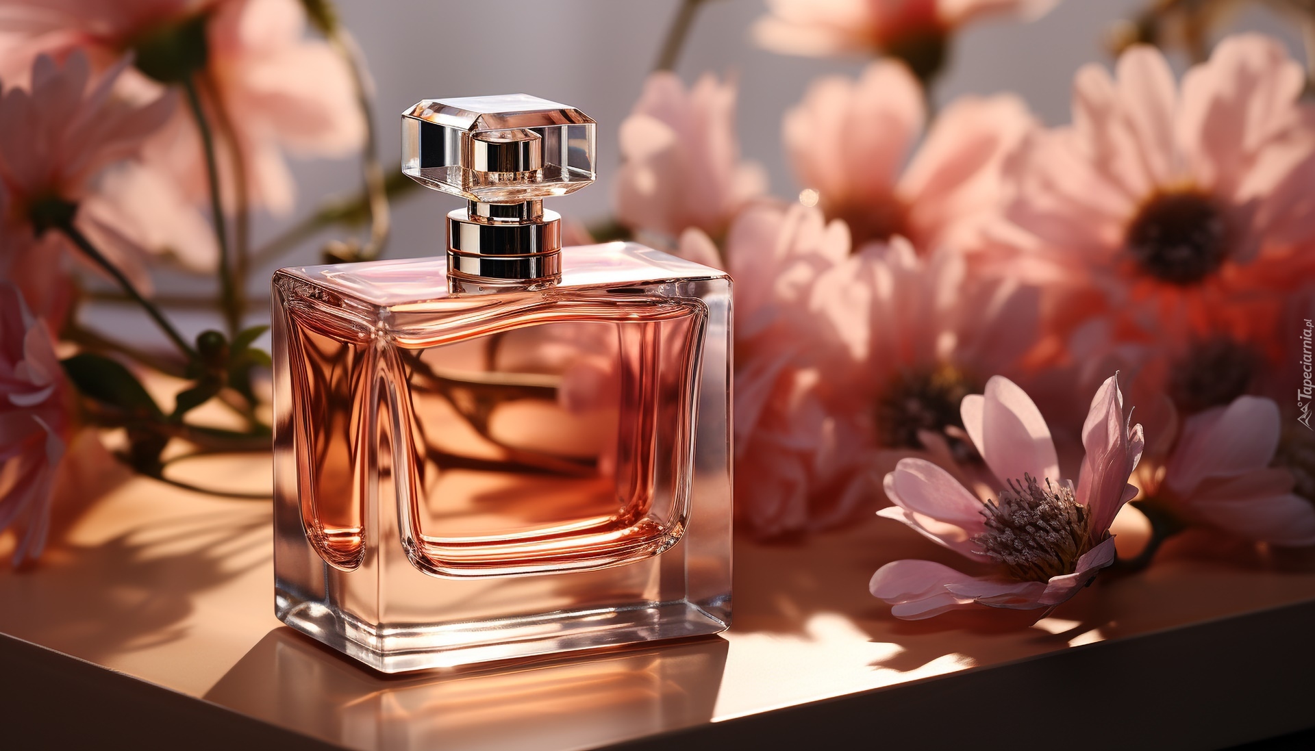 Perfumy, Flakon, Kwiaty, Światło, Grafika, Kompozycja