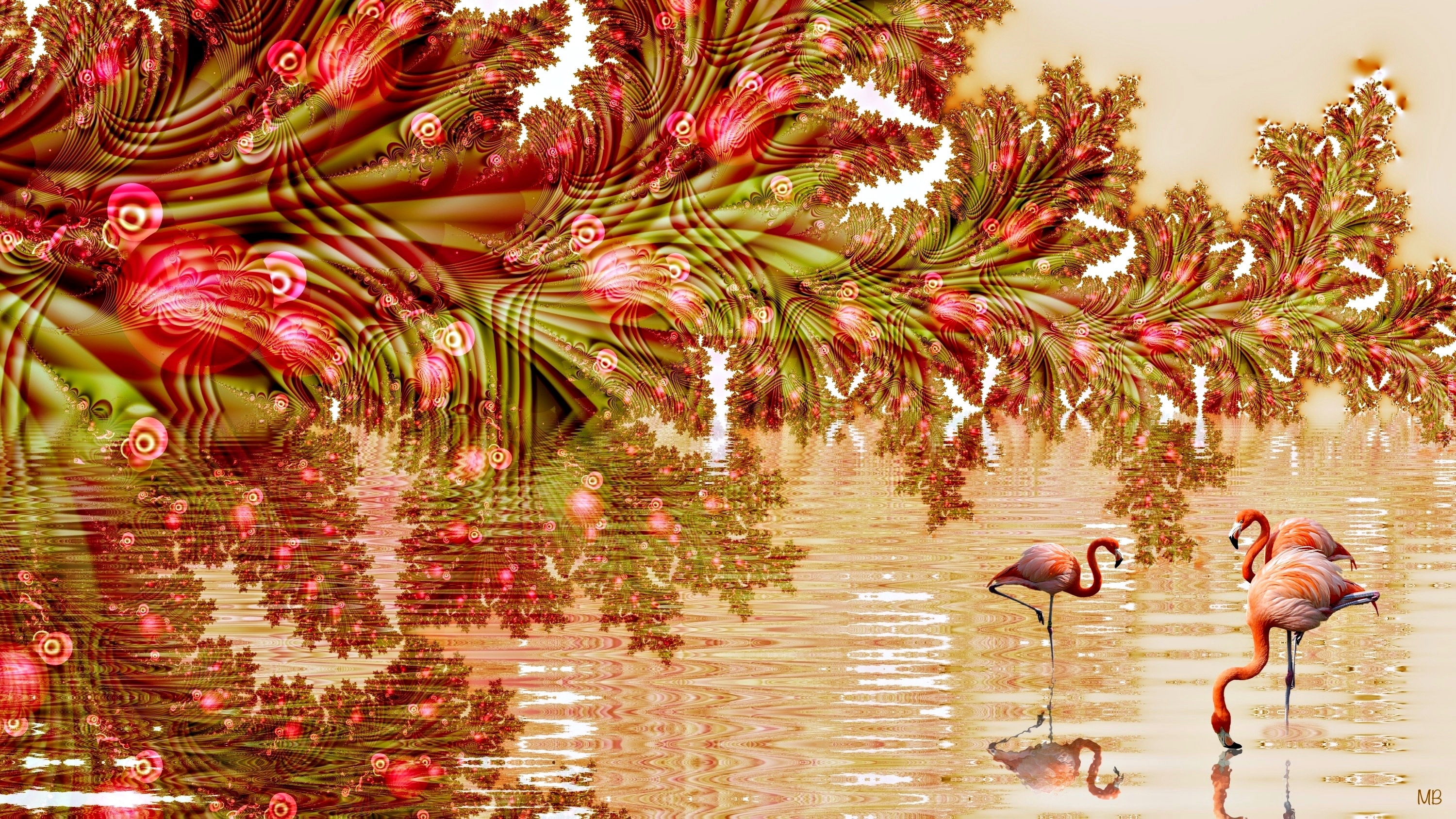 Kwiaty, Woda, Flamingi, Odbicie, Grafika 2D