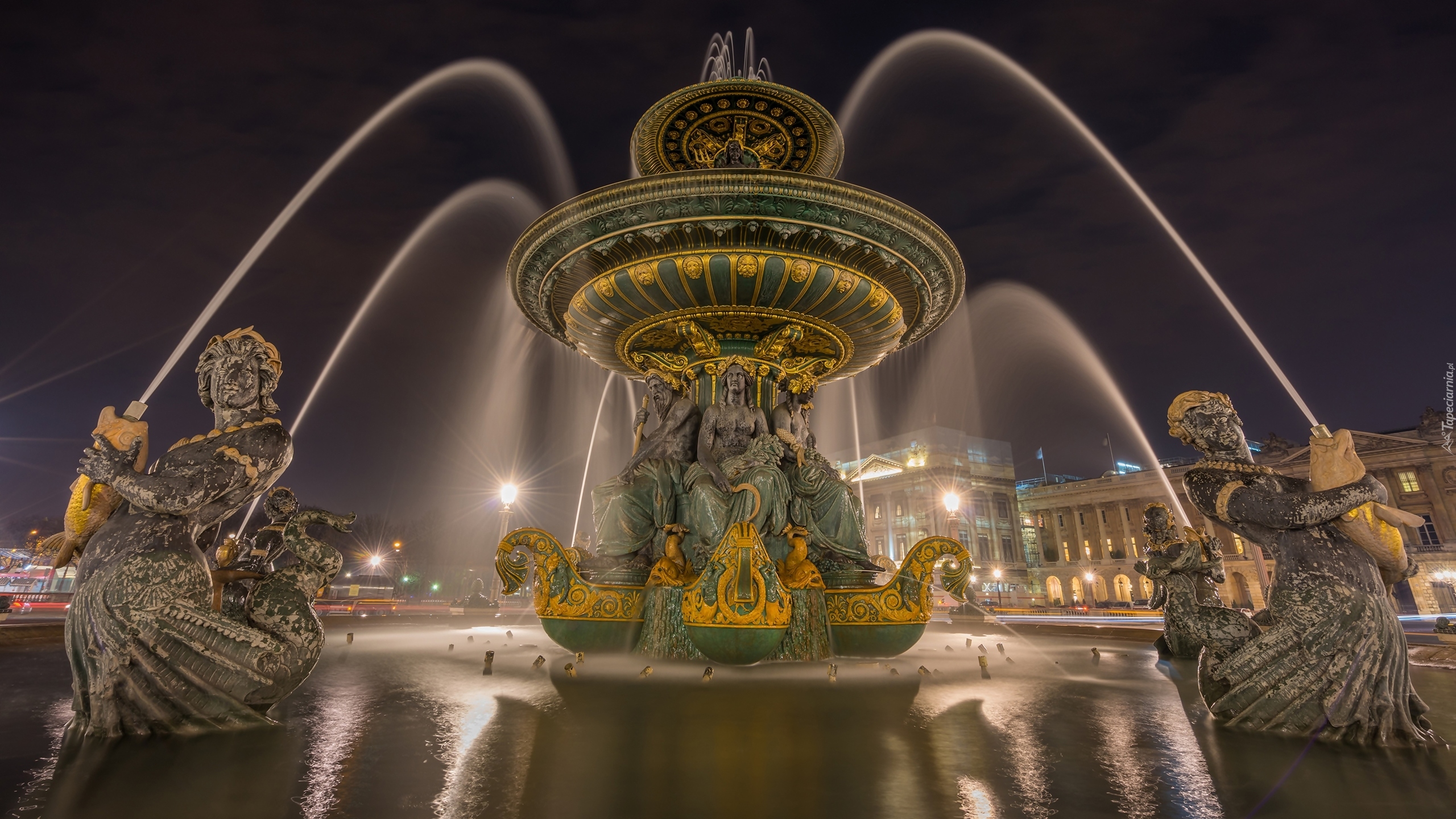 Fontanna Mórz, Fontaine des Mers, Rzeźby, Noc, Place de la Concorde, Plac Zgody, Paryż, Francja