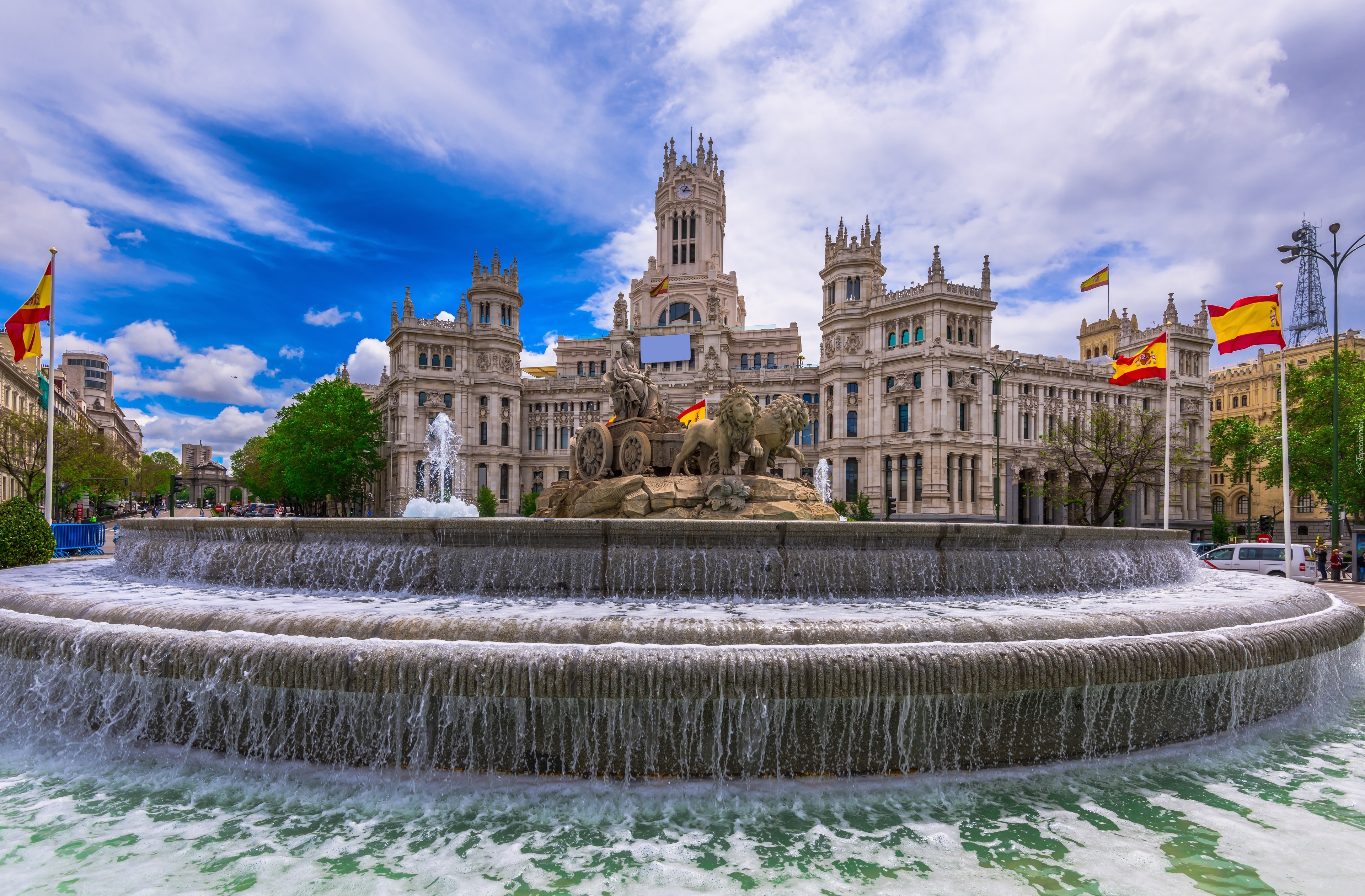 Hiszpania, Madryt, Plac Cibeles, Fontanna Kybele, Rzeźba, Budynek, Muzeum Palacio de Comunicaciones