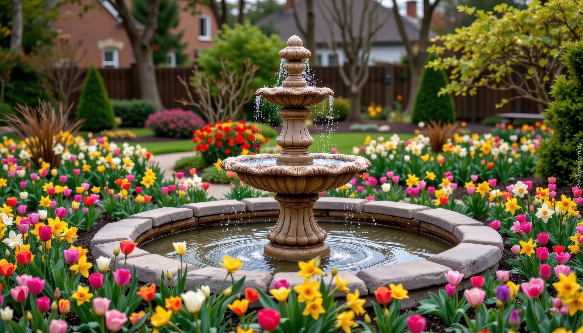 Park, Kamienna, Fontanna, Kolorowe, Kwiaty, Tulipany, Żonkile, Drzewa, Wiosna, AI