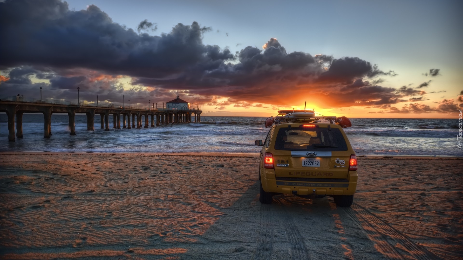 Ford Escape Hybrid, Plaża, Molo, Zachód słońca, Chmury