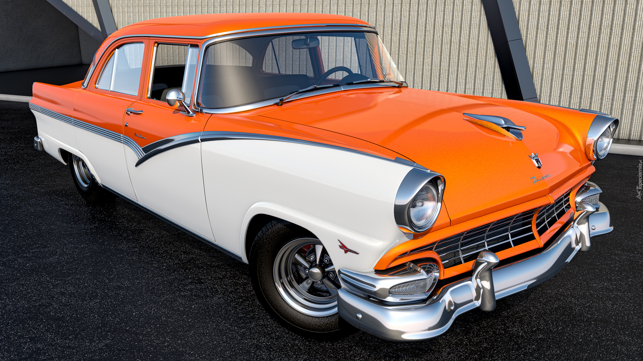 Pomarańczowo-biały, Zabytkowy, Ford Fairlane Town Sedan, 1956, 3D