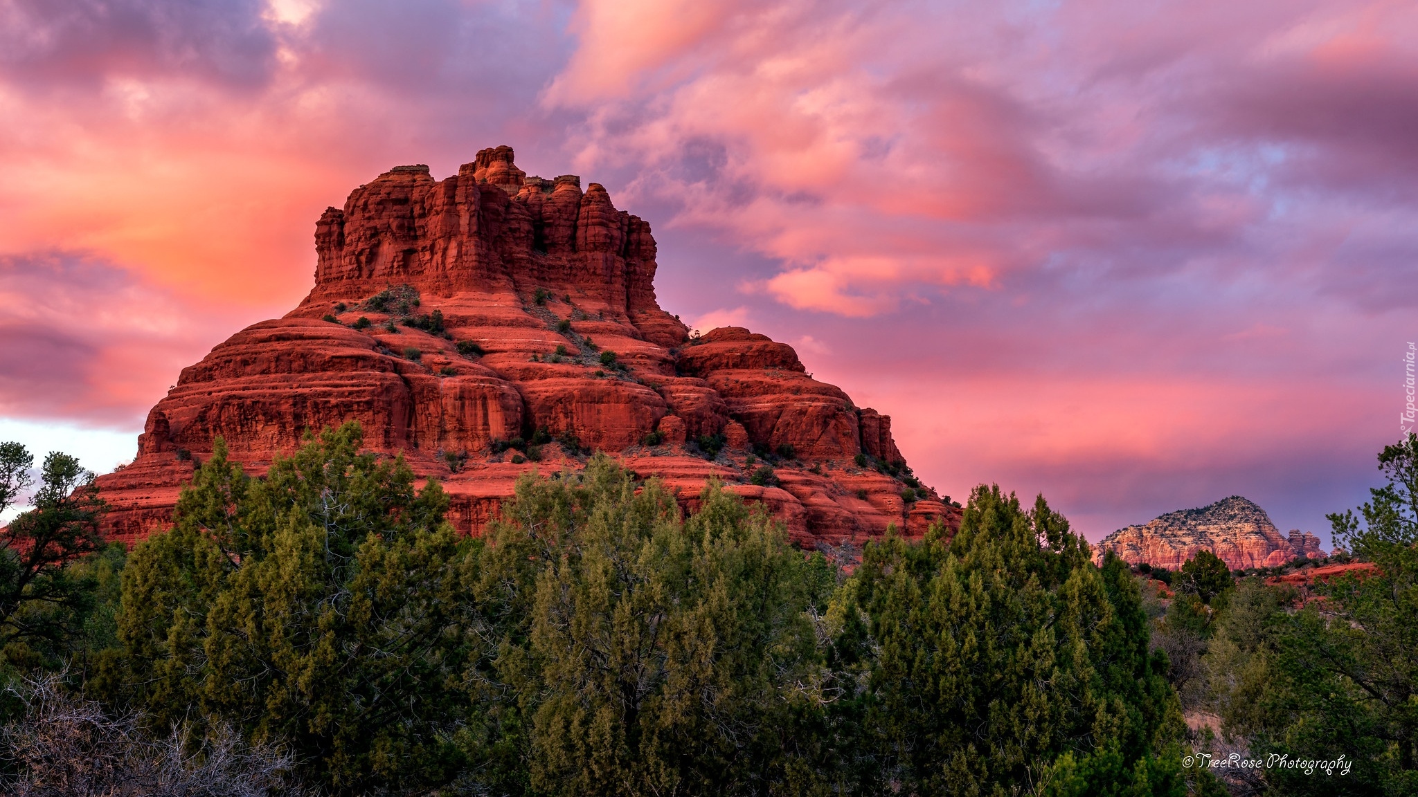 Stany Zjednoczone, Arizona, Sedona, Skały, Bell Rock, Chmury, Drzewa