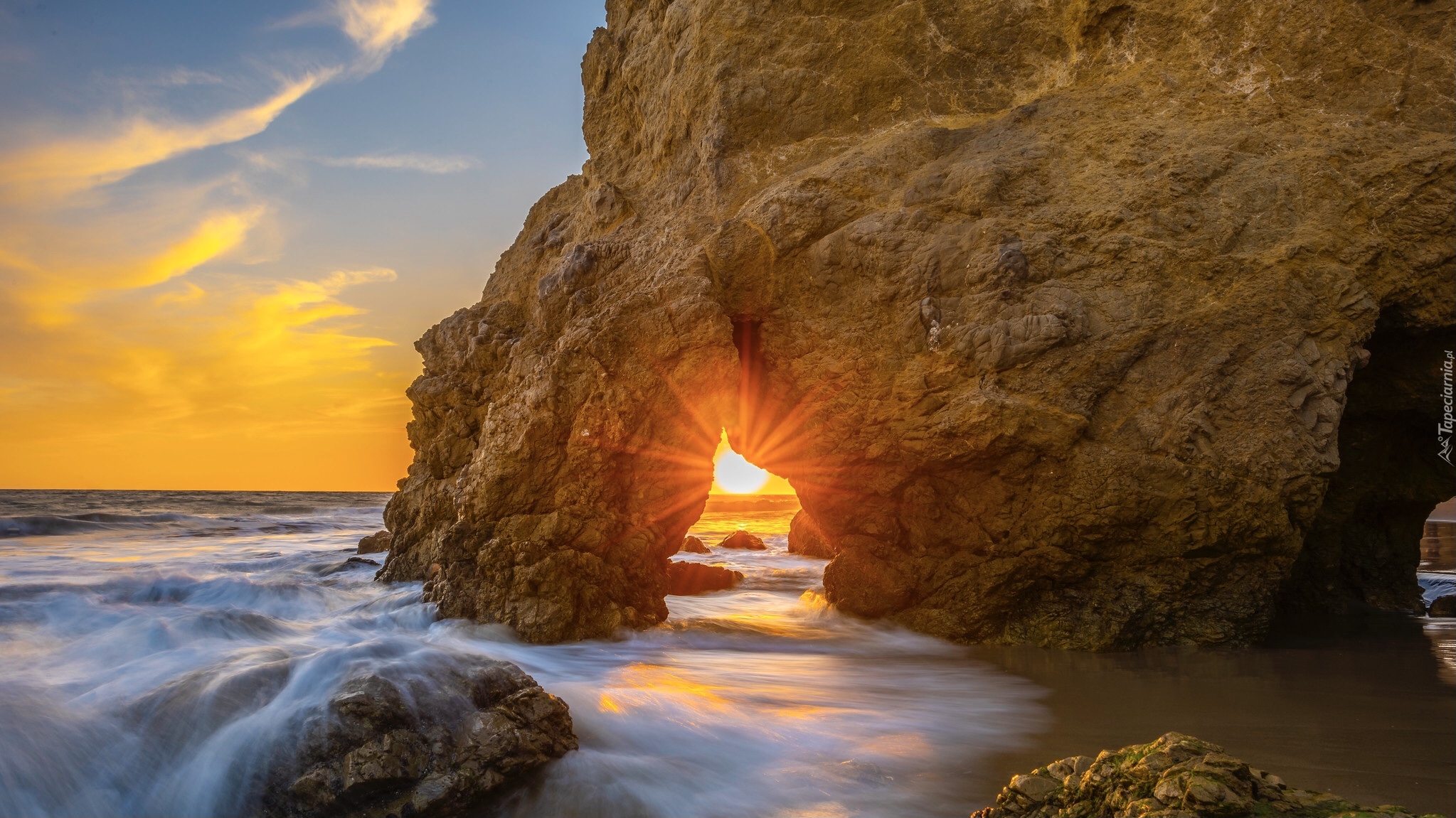 Stany Zjednoczone, Kalifornia, Skały, El Matador, Zachód słońca, Malibu Beach, Morze