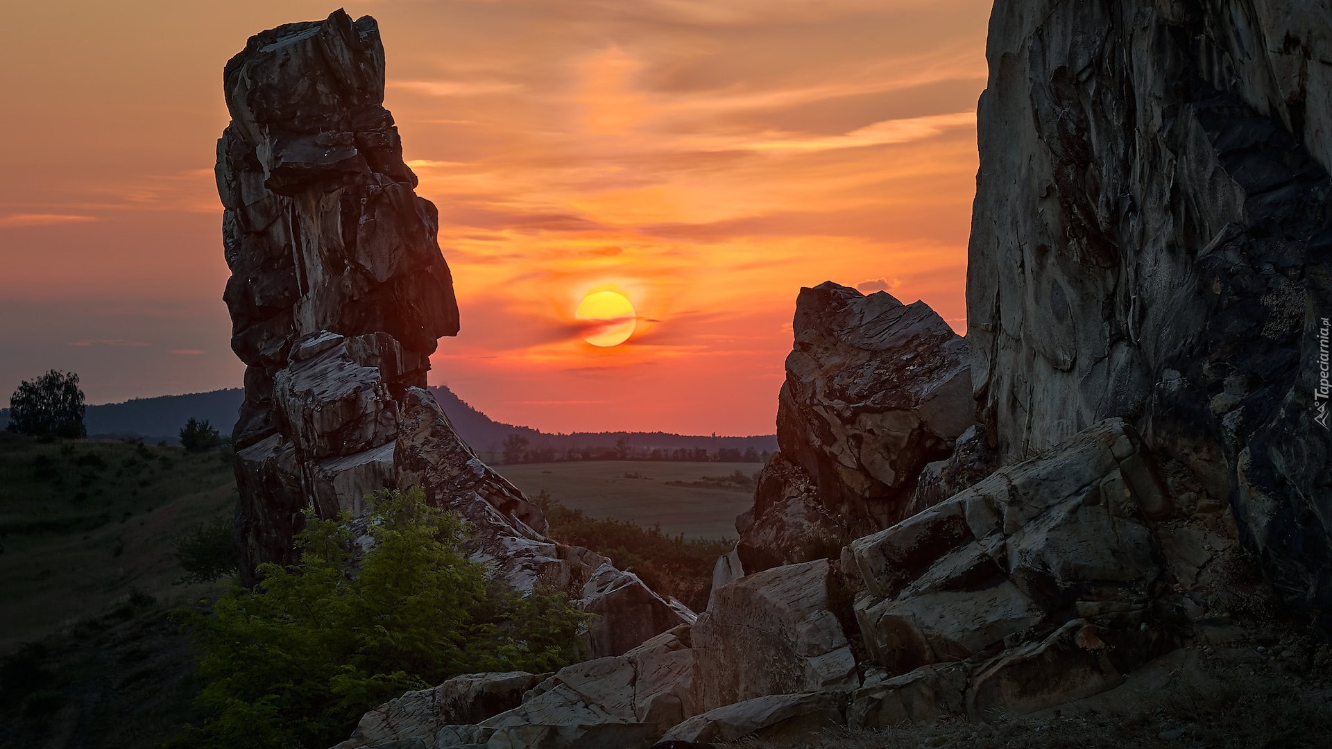 Wschód słońca, Skały, Formacja skalna, Teufelsmauer, Okręg Harz, Saksonia-Anhalt, Niemcy