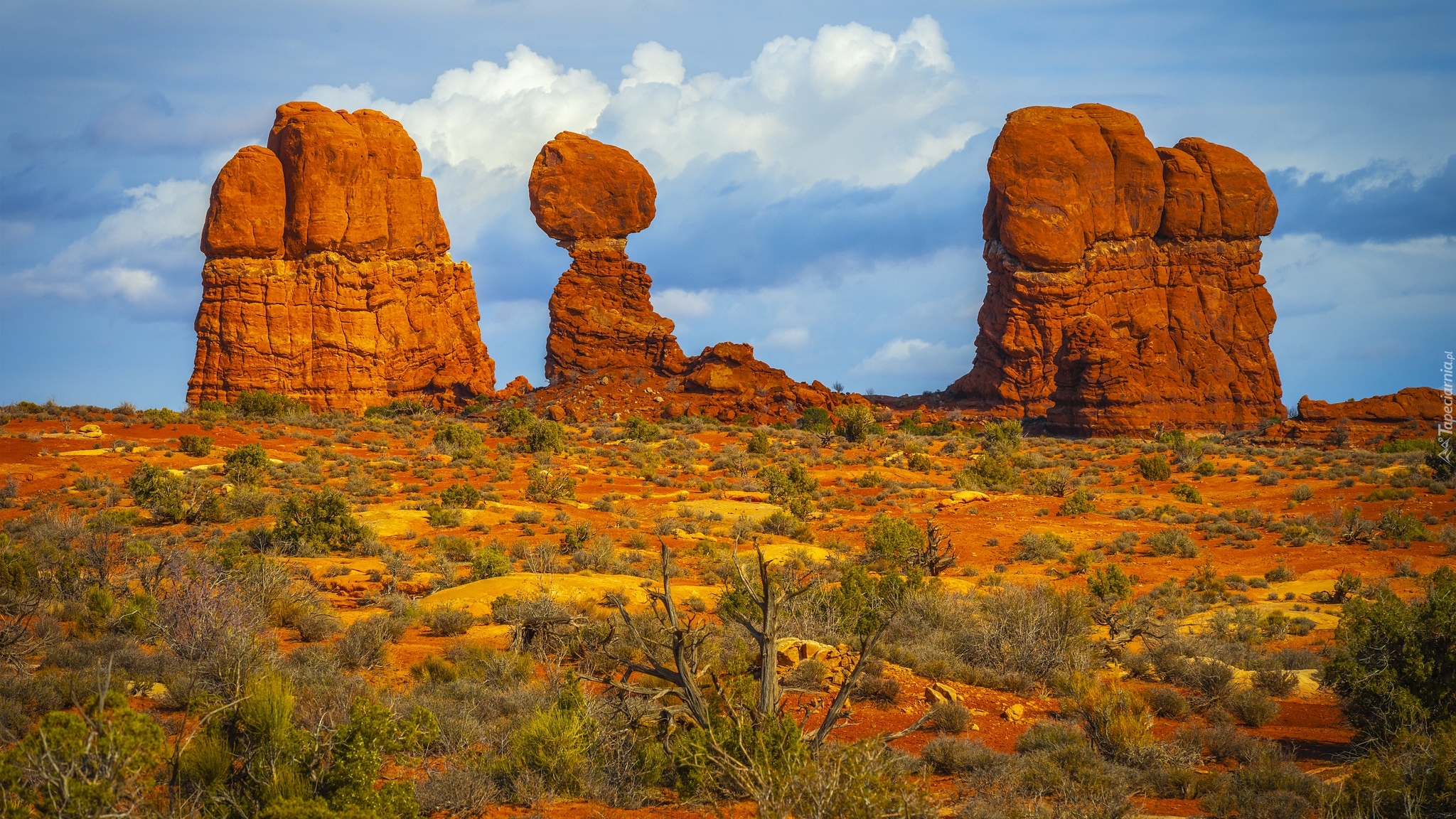 Stany Zjednoczone, Stan Utah, Park Narodowy Arches, Niebo, Chmury, Skały, Formacja skalna, Balanced Rock