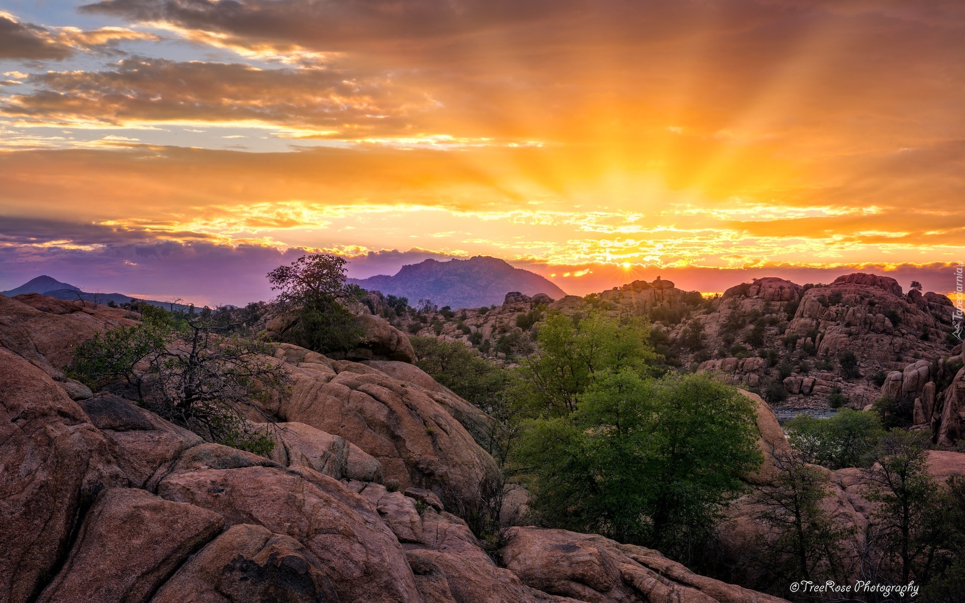 Zachód słońca, Góry, Granitowe, Skały, Granite Dells, Prescott, Arizona, Stany Zjednoczone