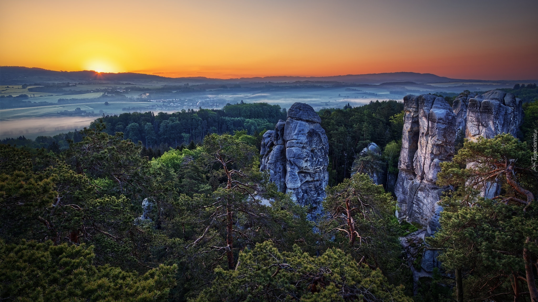 Wschód słońca, Formacje skalne, Hruboskalsko, Skały, Drzewa, Skalne Miasto, Czeski Raj, Góry Stołowe, Czechy