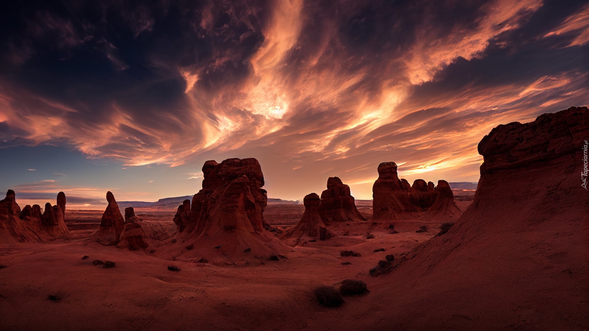 Stany Zjednoczone, Utah, Pustynia San Rafael, Skały, Dolina Goblinów, Goblin Valley State Park, Chmury, Zachód słońca