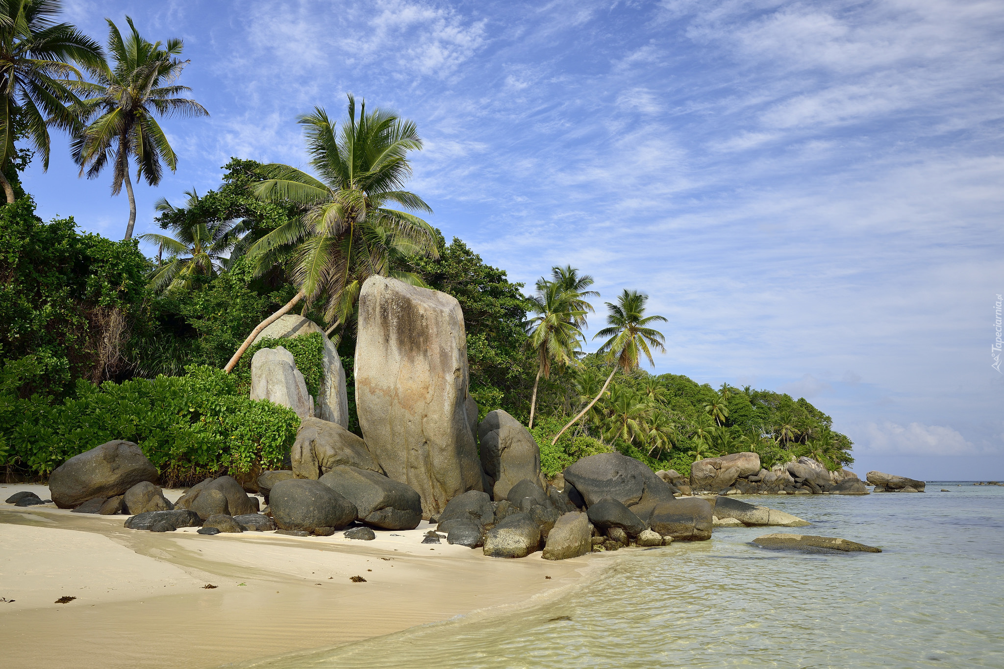 Seszele, Plaża Anse Source D Argent, Wyspa La Digue, Morze, Skały, Głazy, Palmy, Roślinność, Chmury