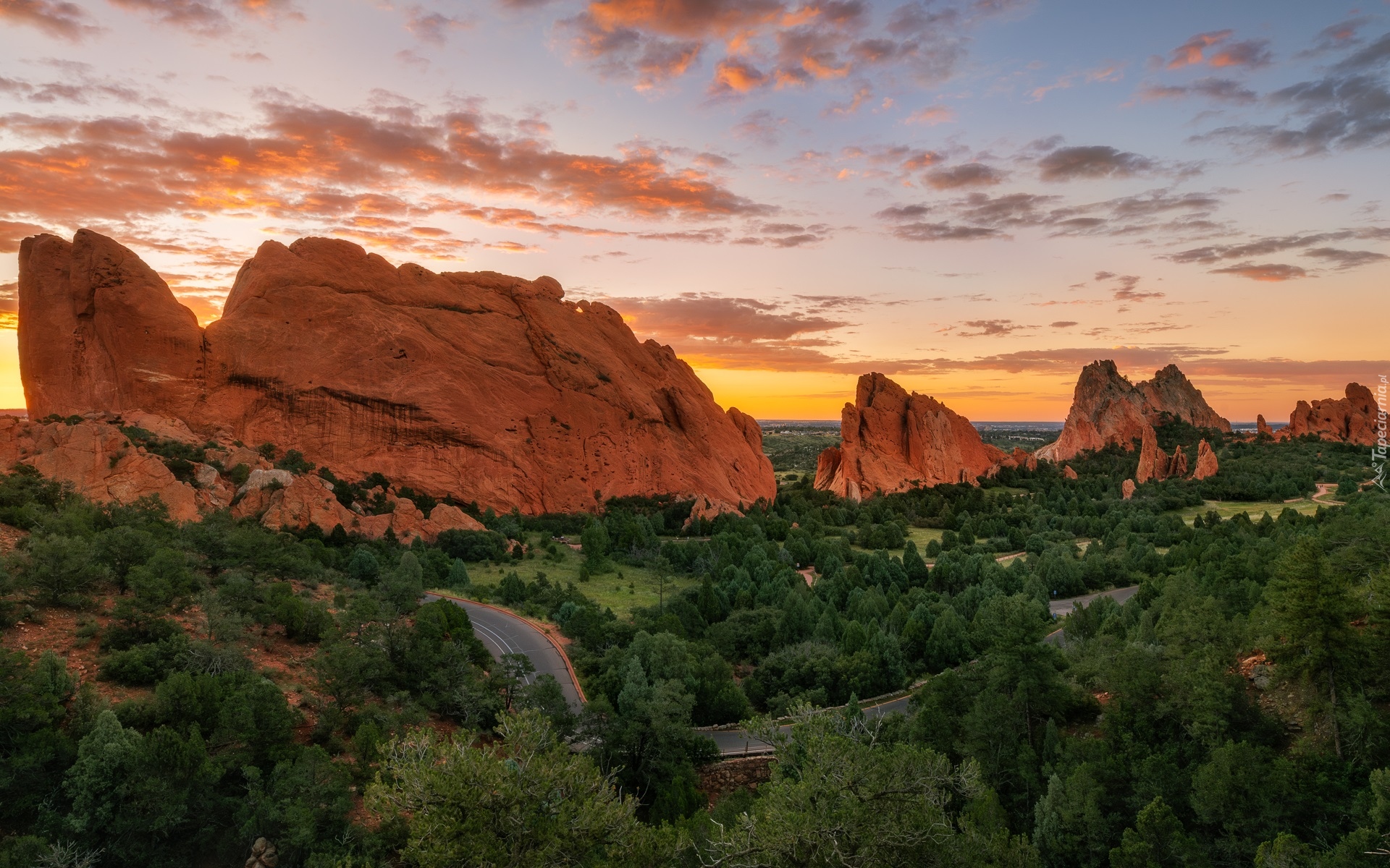 Wschód słońca, Chmury, Skały, Drzewa, Formacje skalne, Park, Garden of the Gods, Colorado Springs, Kolorado, Stany Zjednoczone