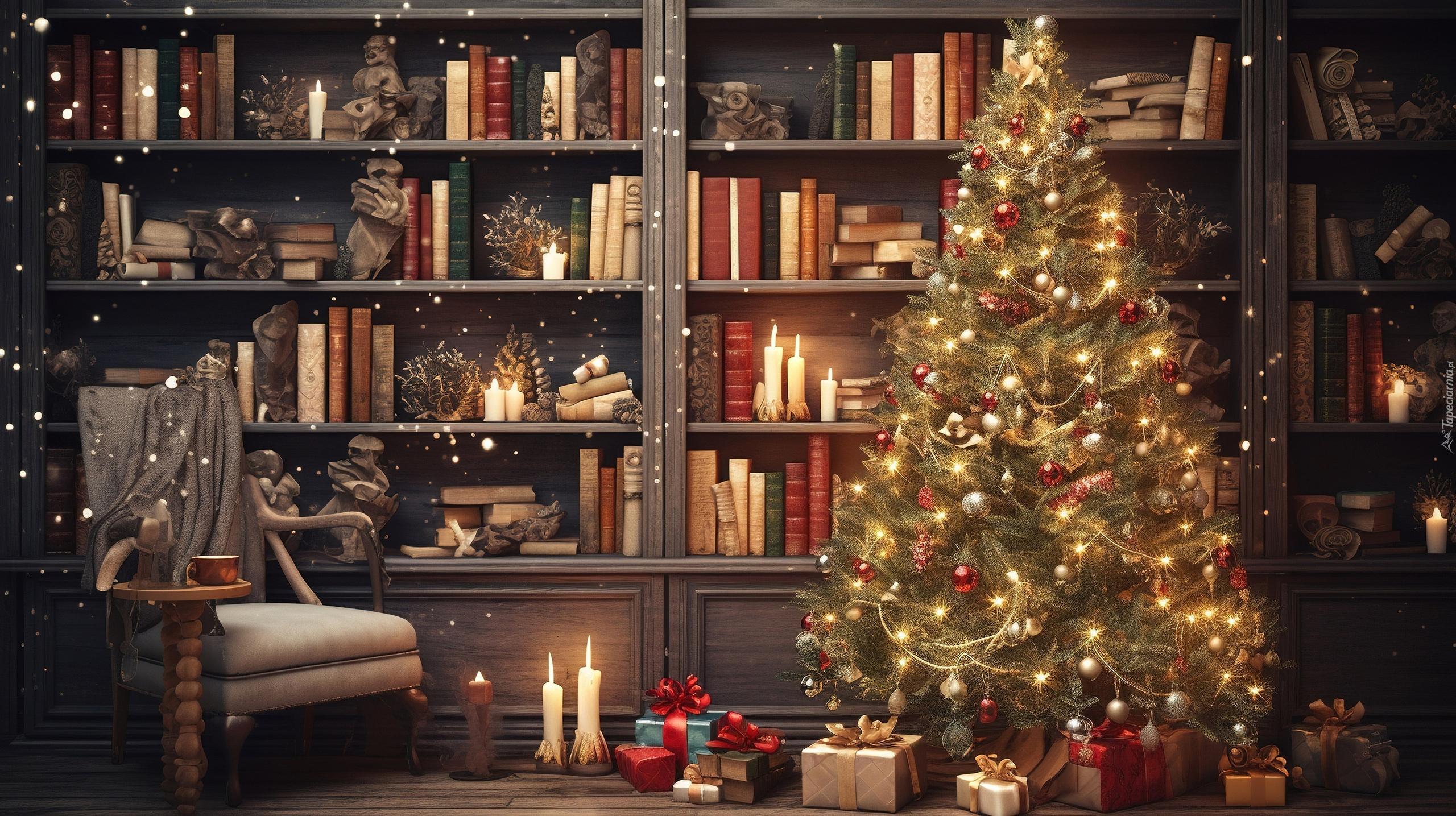 Choinka, Prezenty, Fotel, Regały, Książki, Boże Narodzenie