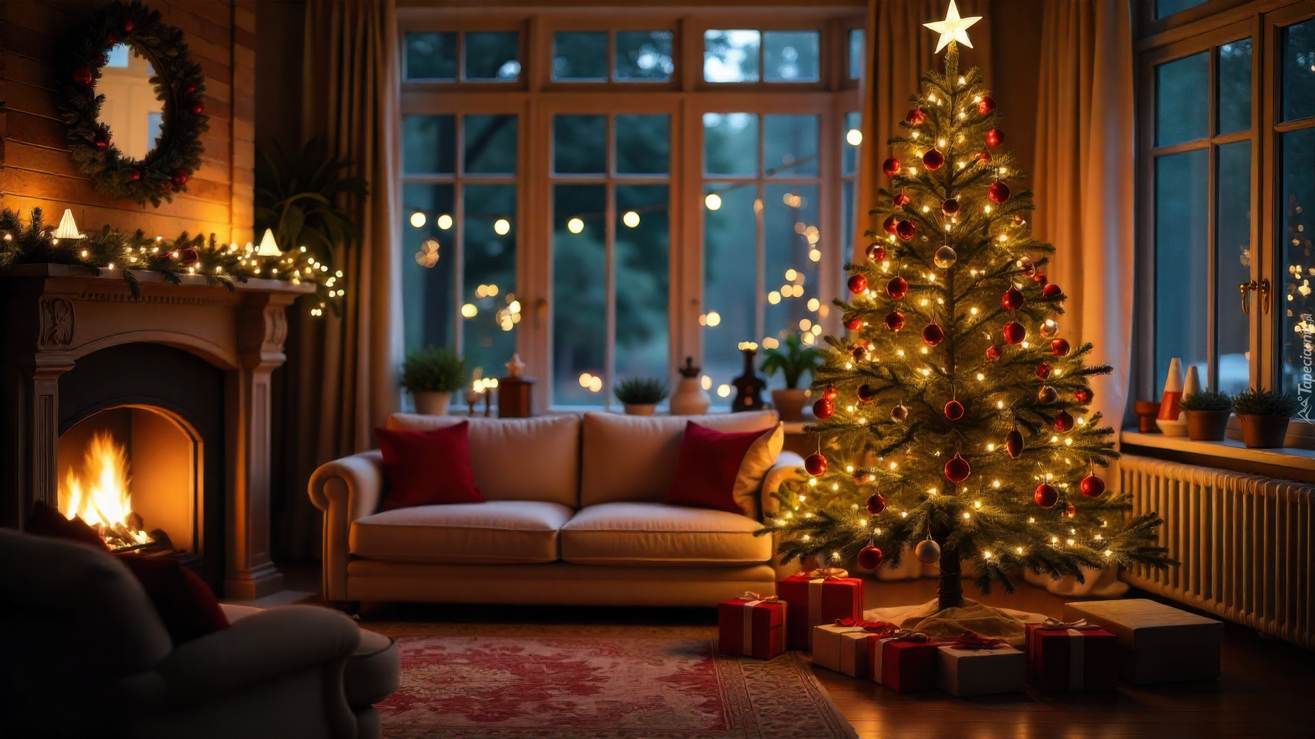 Boże Narodzenie, Pokój, Udekorowana, Choinka, Prezenty, Kominek, Wieniec, Girlandy, Sofa, Okno, AI