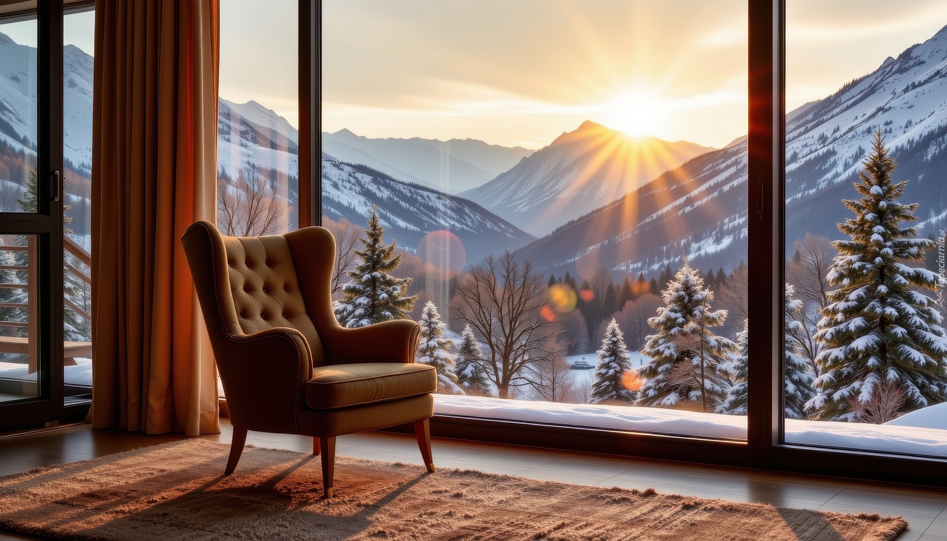 Pokój, Fotel, Okno, Zima, Góry, Słońce, Grafika AI
