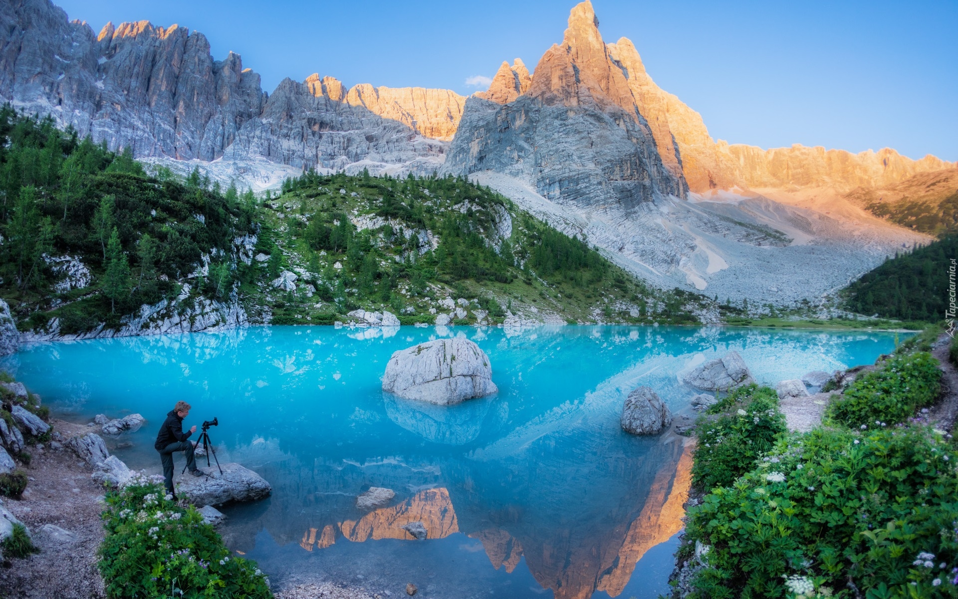 Włochy, Prowincja Belluno, Góry, Dolomity, Masyw Sorapiss, Jezioro Sorapis, Kamienie, Drzewa, Fotograf