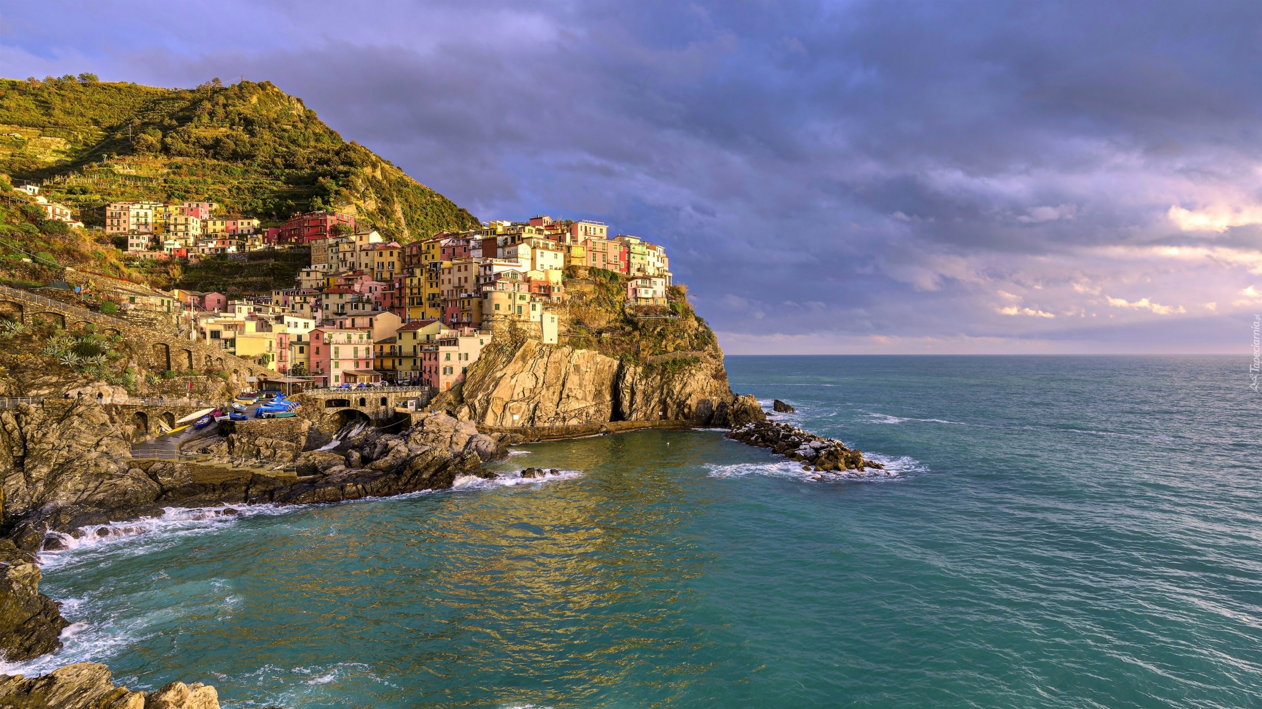 Wybrzeże, Cinque Terre, Manarola, Morze Liguryjskie, Skały, Domy, Gmina Riomaggiore, Liguria, Włochy