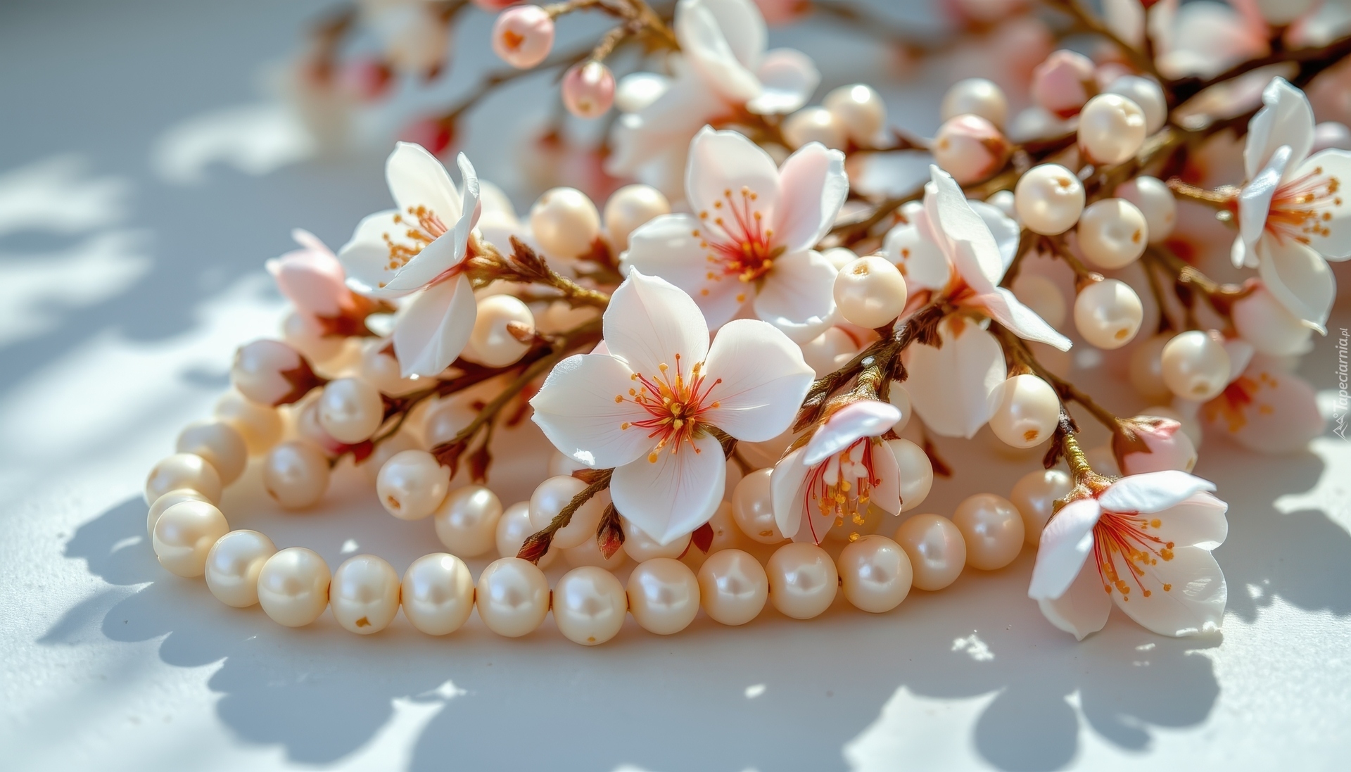 Białe, Kwiaty, Gałązka, Korale, Perły