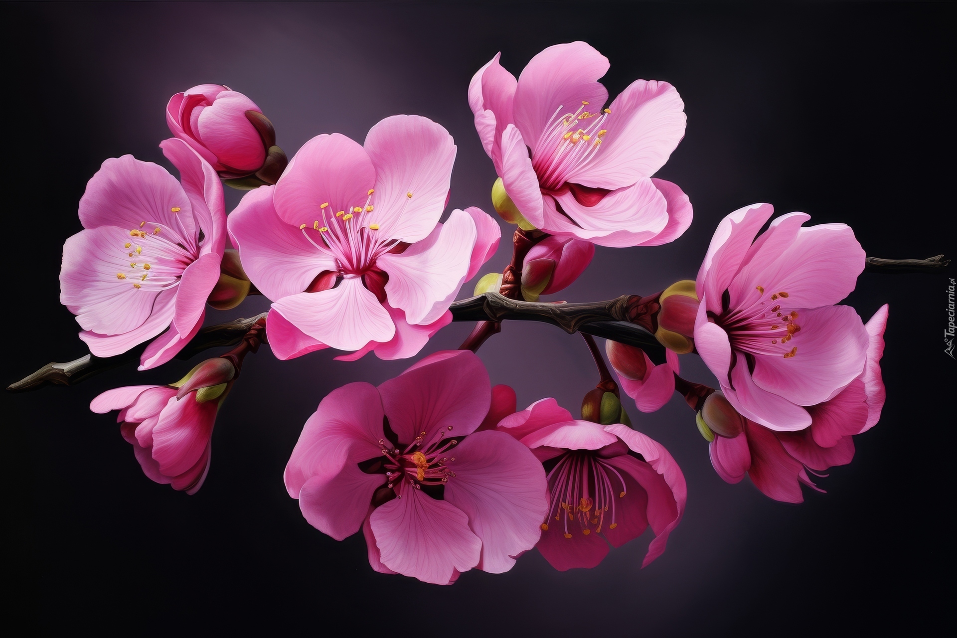 Różowe, Kwiaty, Drzewo owocowe, Tło, Czarne, AI