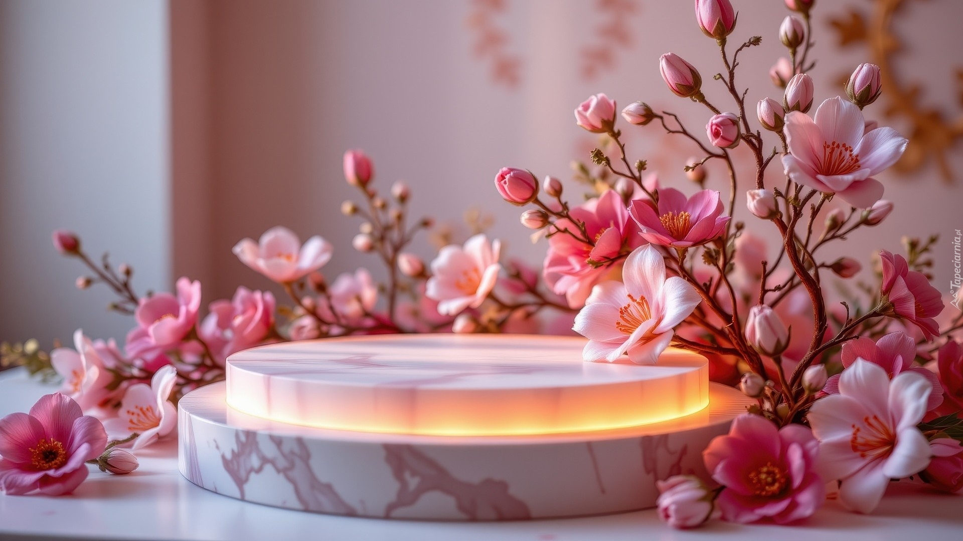 Podświetlone, Podium, Różowe, Kwiaty, Pąki