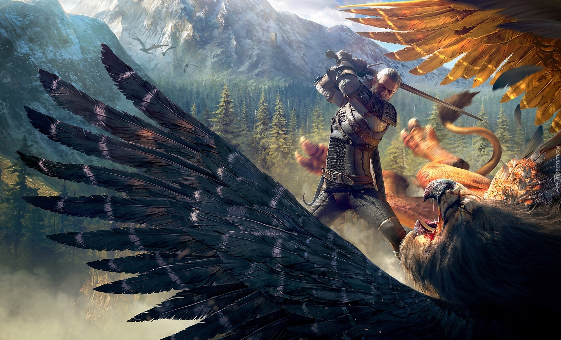 Gra, Wiedźmin 3 Dziki Gon, The Witcher 3 Wild Hunt, Geralt z Rivii, Ptak, Walka