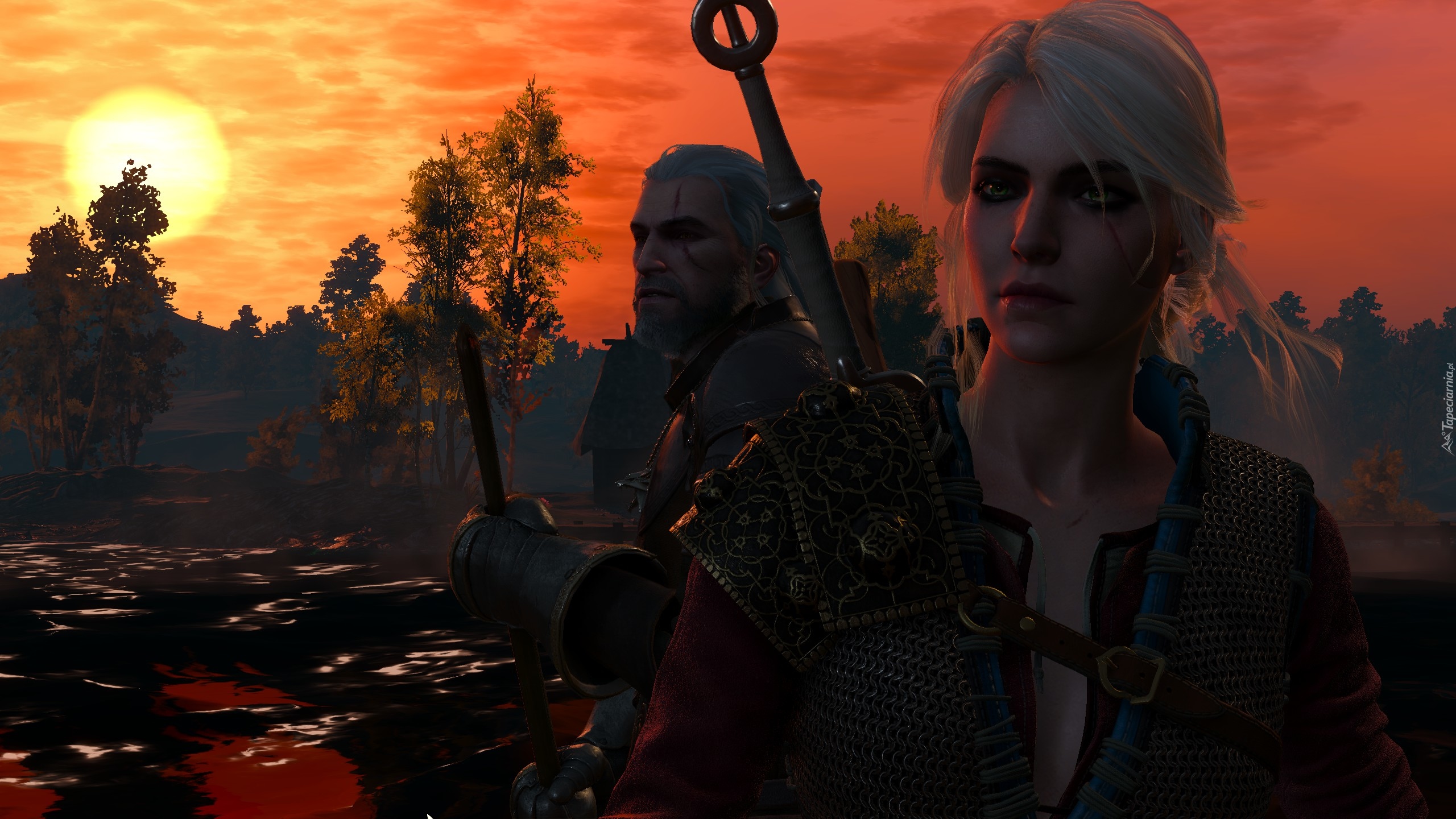 Ciri, Geralt, Zachód słońca, Wiedźmin 3 Dziki Gon, The Witcher 3 Wild Hunt