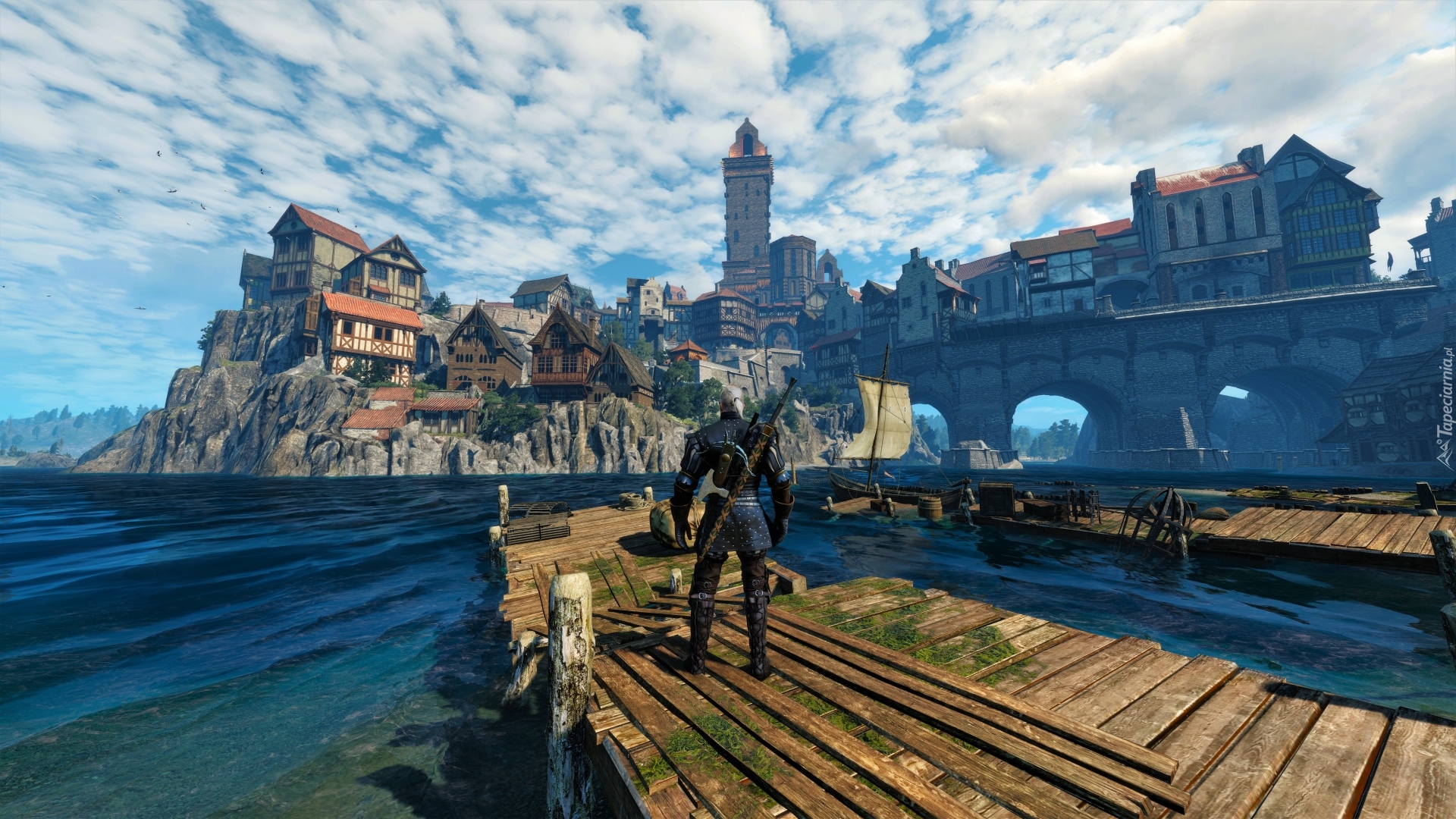 Gra, The Witcher 3 Wild Hunt, Wiedźmin 3 Dziki Gon, Geralt, Pomost, Domy, Miasto