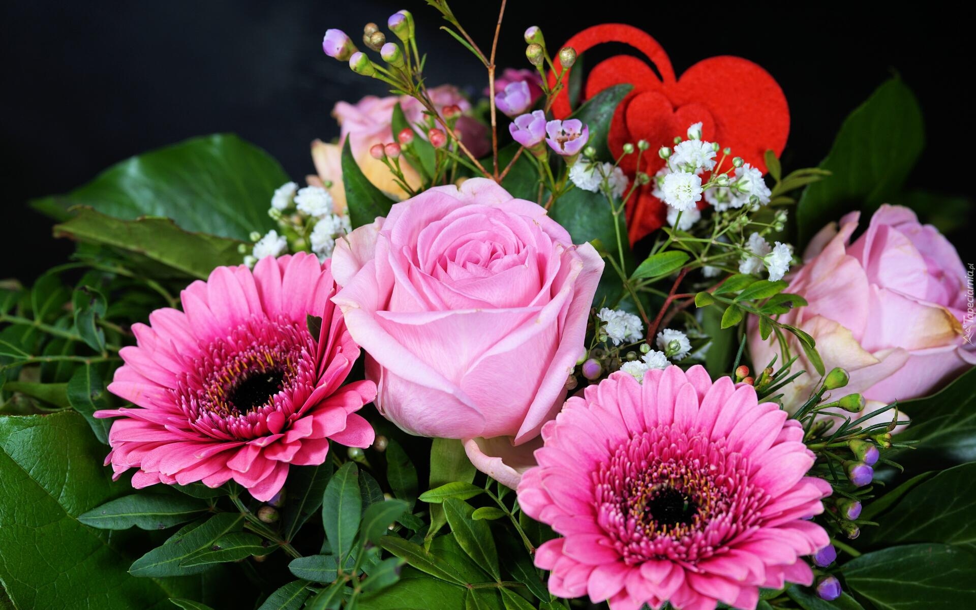 Kwiaty, Róże, Gerbery, Serce, Bukiet