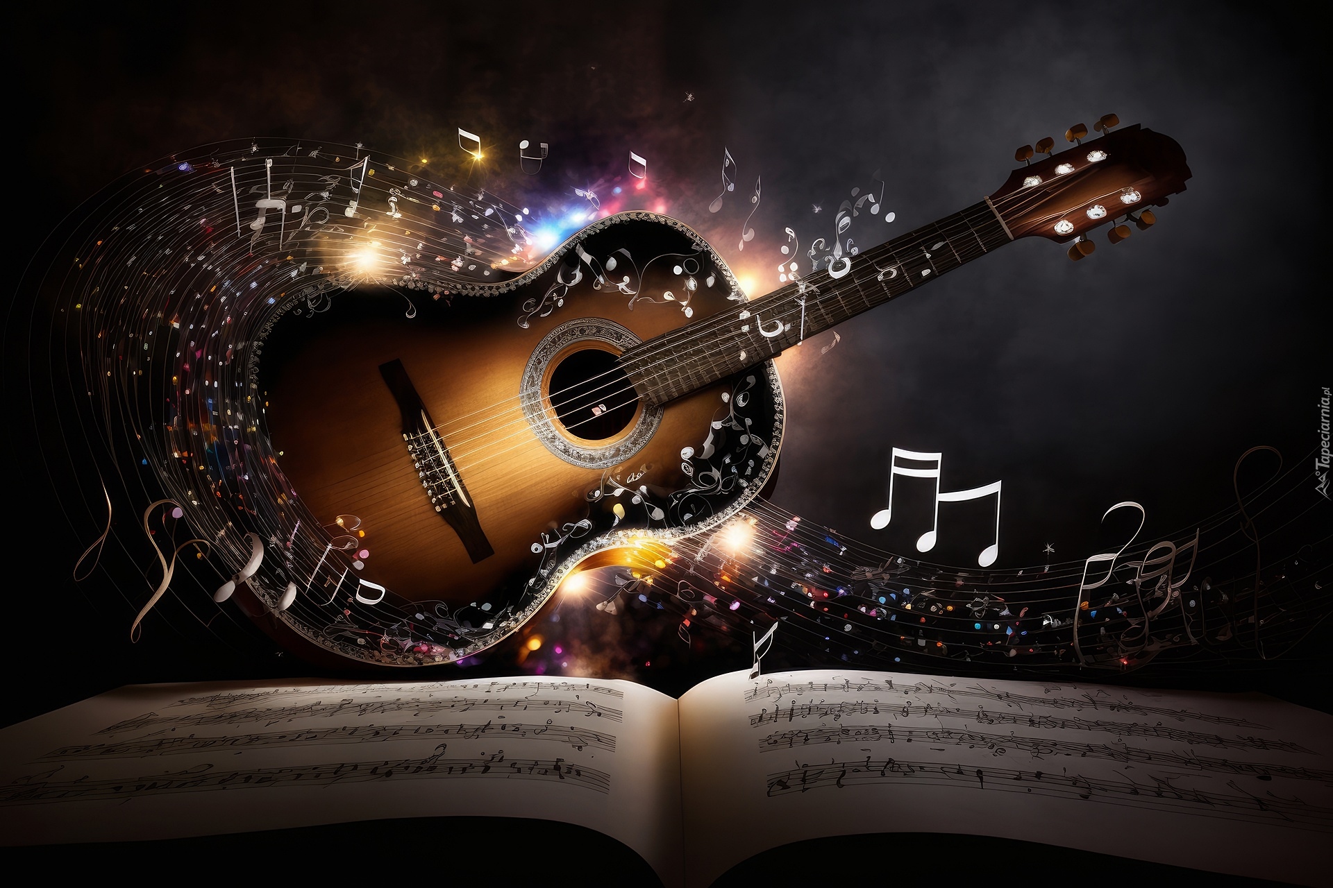 Gitara, Nuty, Światło, Muzyka, Grafika