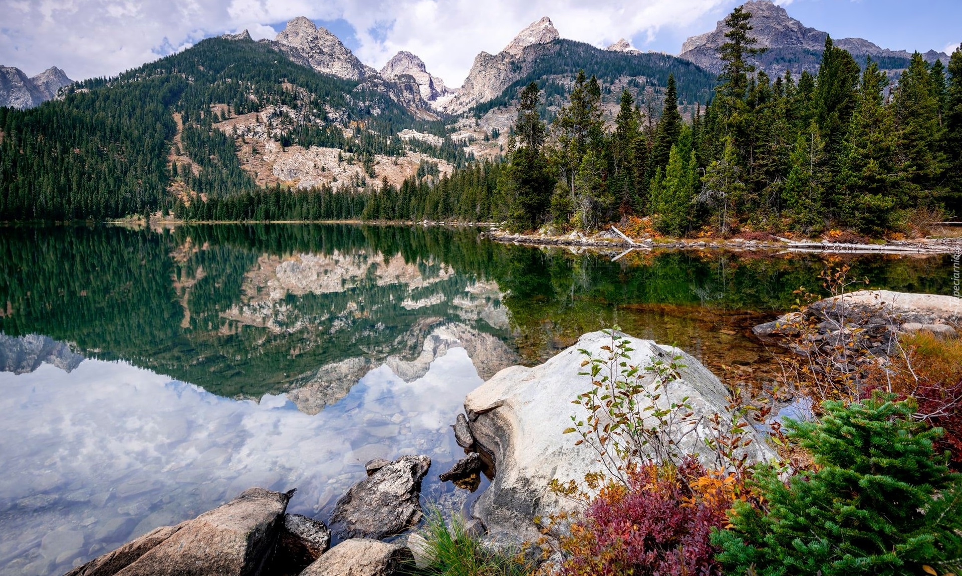 Park Narodowy Grand Teton, Wyoming, Stany Zjednoczone, Góry, Jezioro, Bradley Lake, Kamienie, Las, Drzewa, Chmury, Odbicie