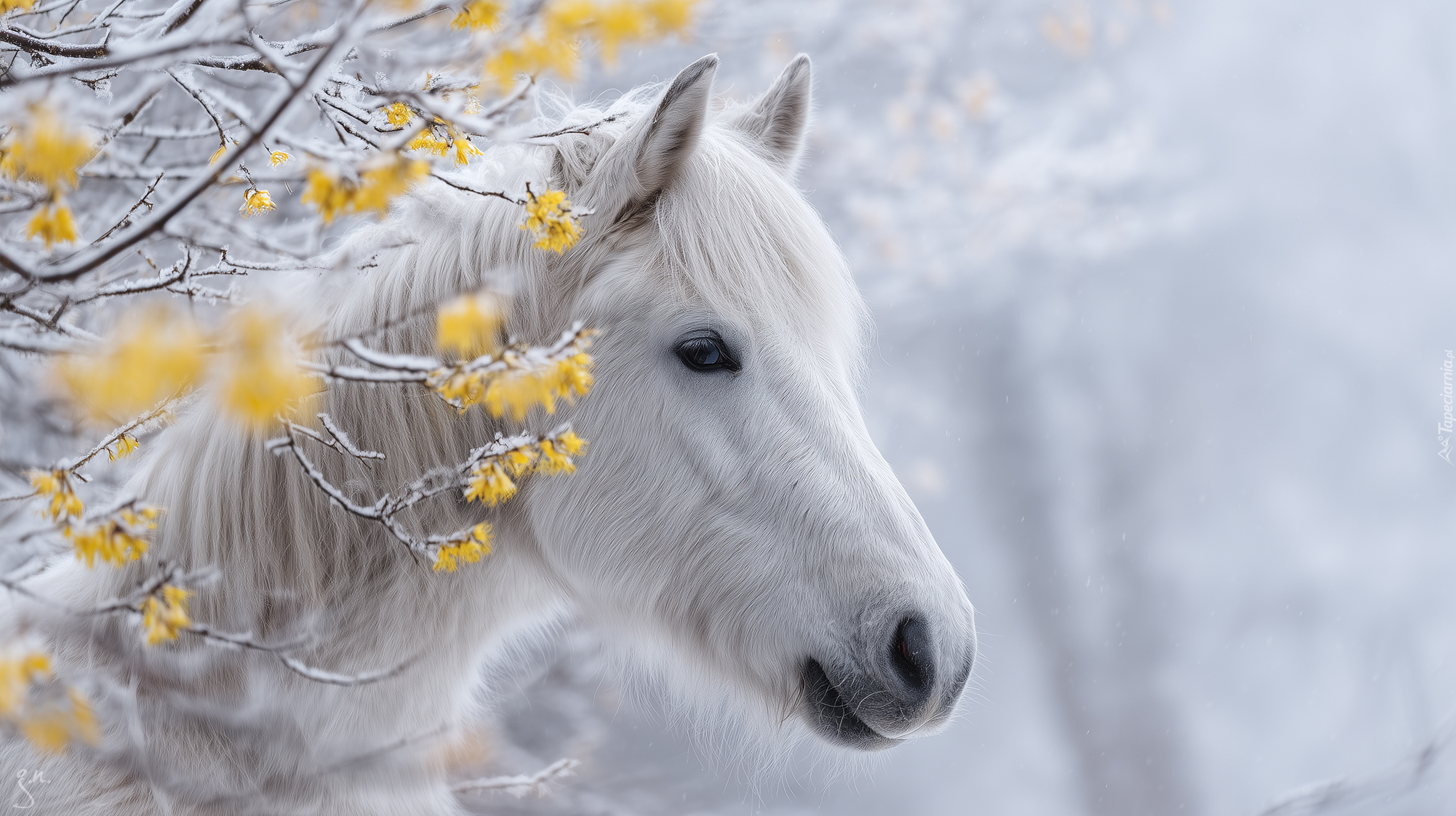 Biały, Koń, Gałązki, Grafika AI