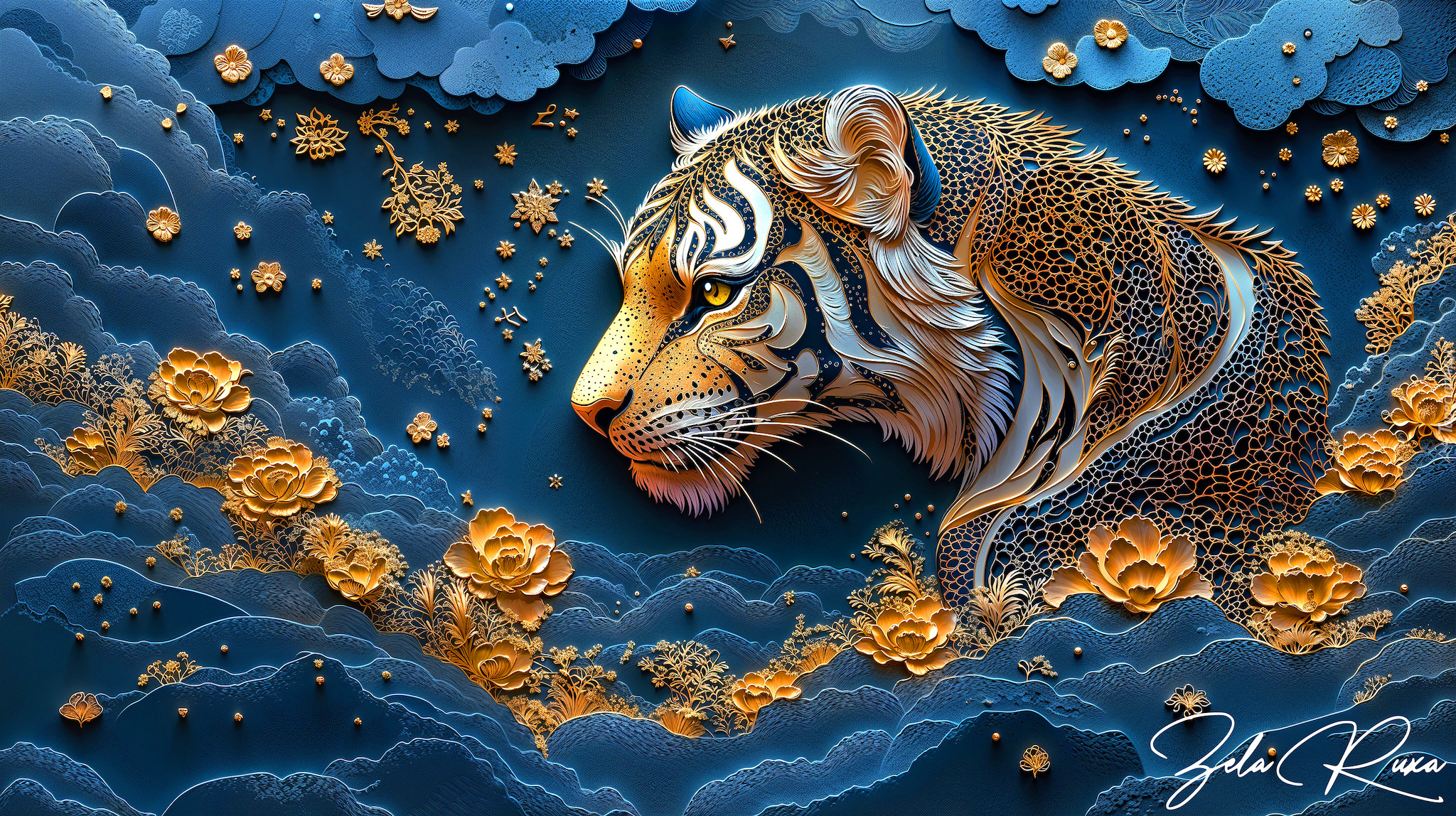 Grafika, Tygrys, Głowa, Kwiaty