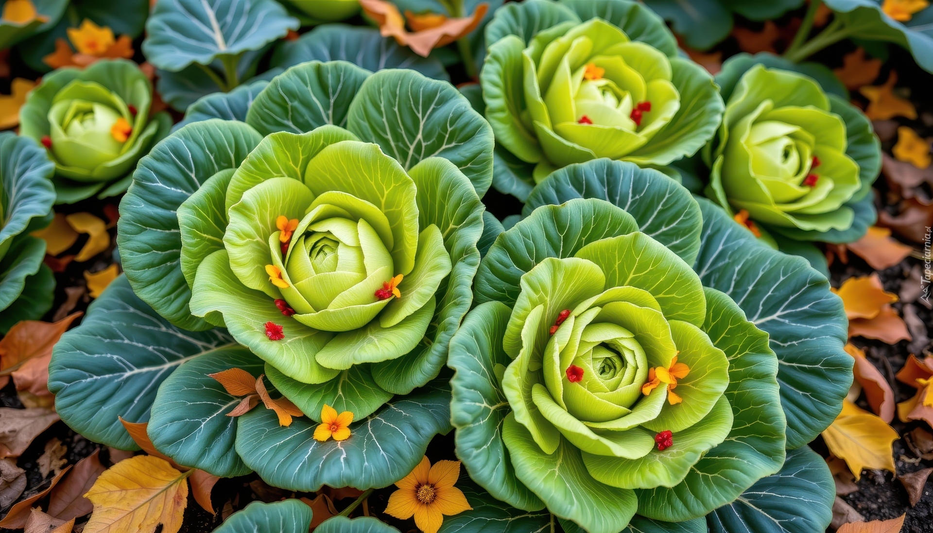 Kapusta, Główki, Kwiaty, Liście